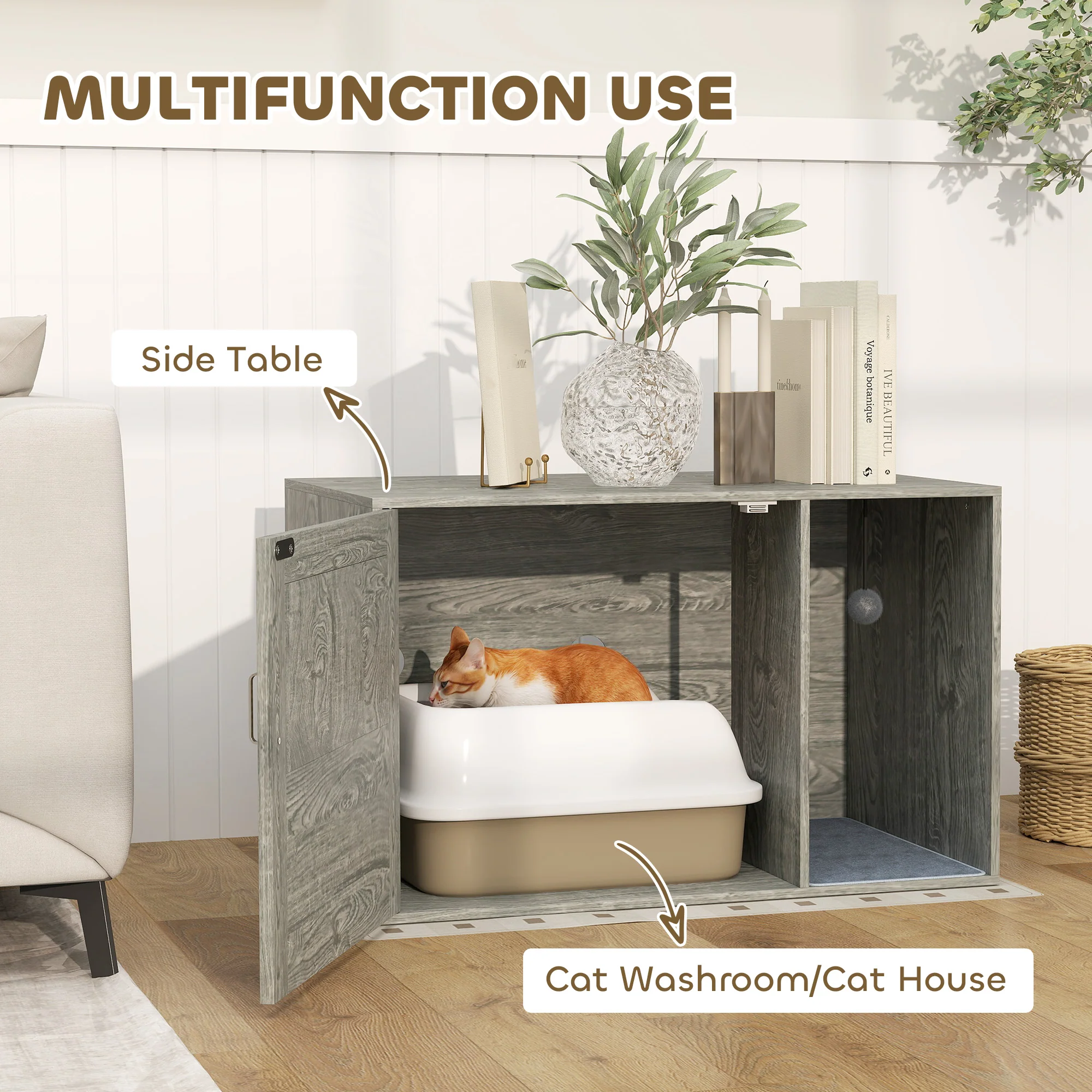 PawHut Boho Style Cat Litter Box Enclosure With Rattan Door, Scratching Mat - Image 3