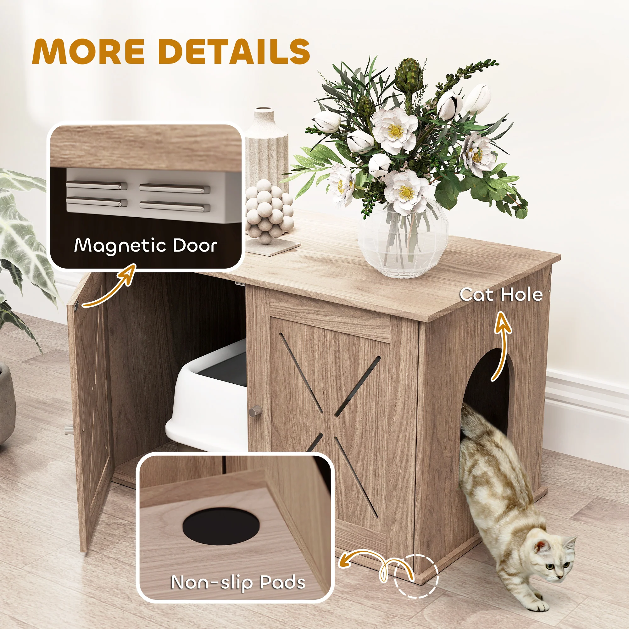 PawHut Cat Litter Box Enclosure, Litter Box Furniture, Walnut Brown - Image 6