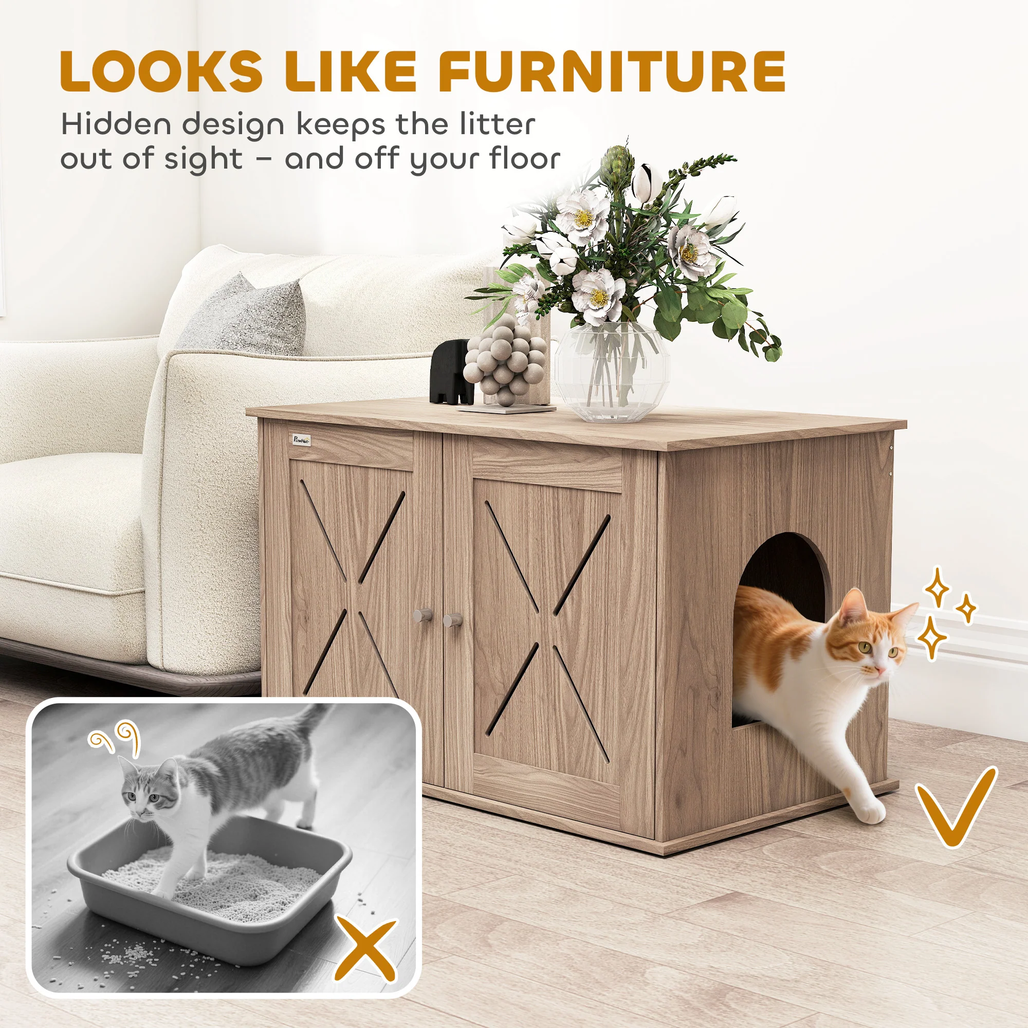 PawHut Cat Litter Box Enclosure, Litter Box Furniture, Walnut Brown - Image 7