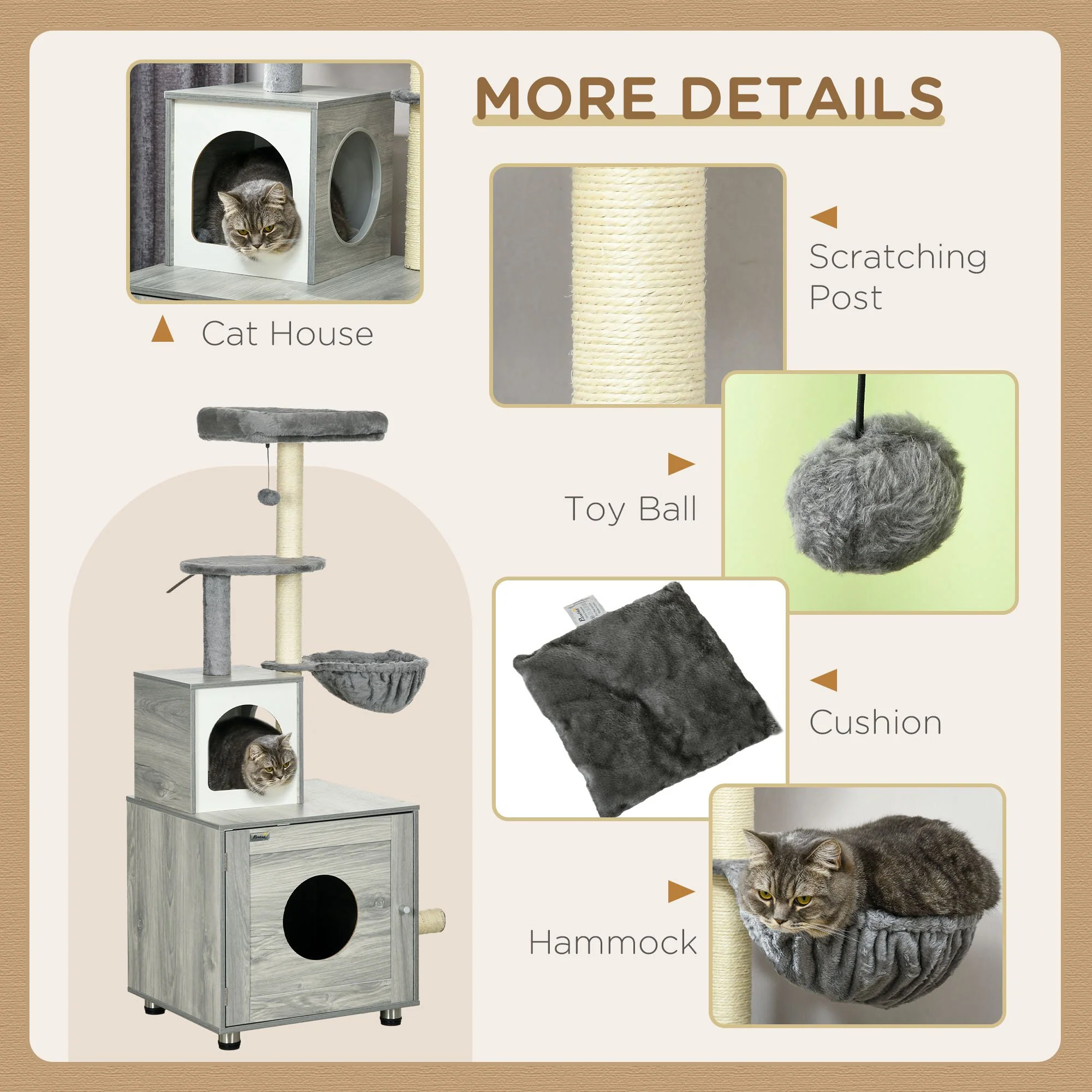 PawHut Cat Litter Box Enclosure, With Cat House, Bed, Scratching Posts, Platform - Image 4