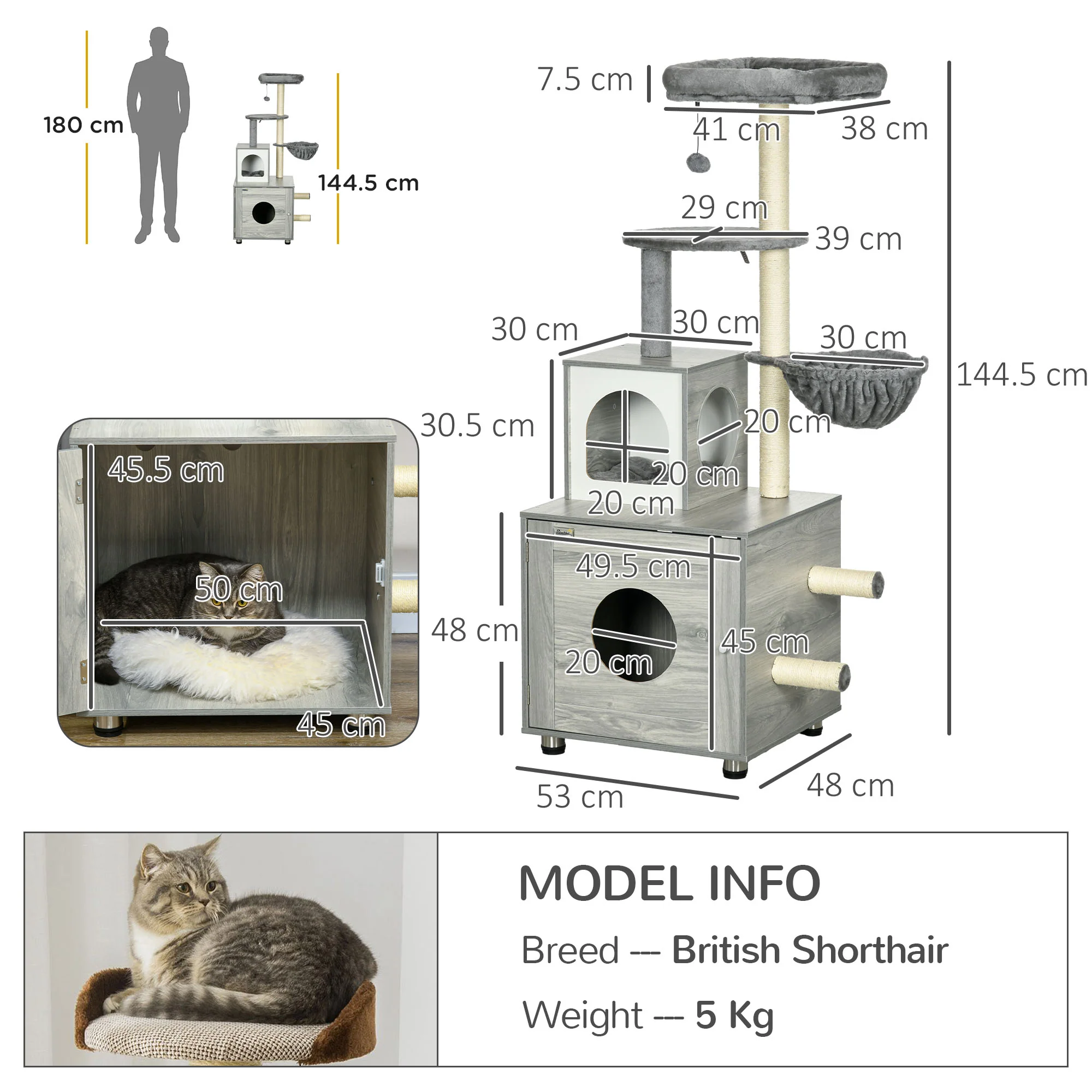 PawHut Cat Litter Box Enclosure, With Cat House, Bed, Scratching Posts, Platform - Image 5
