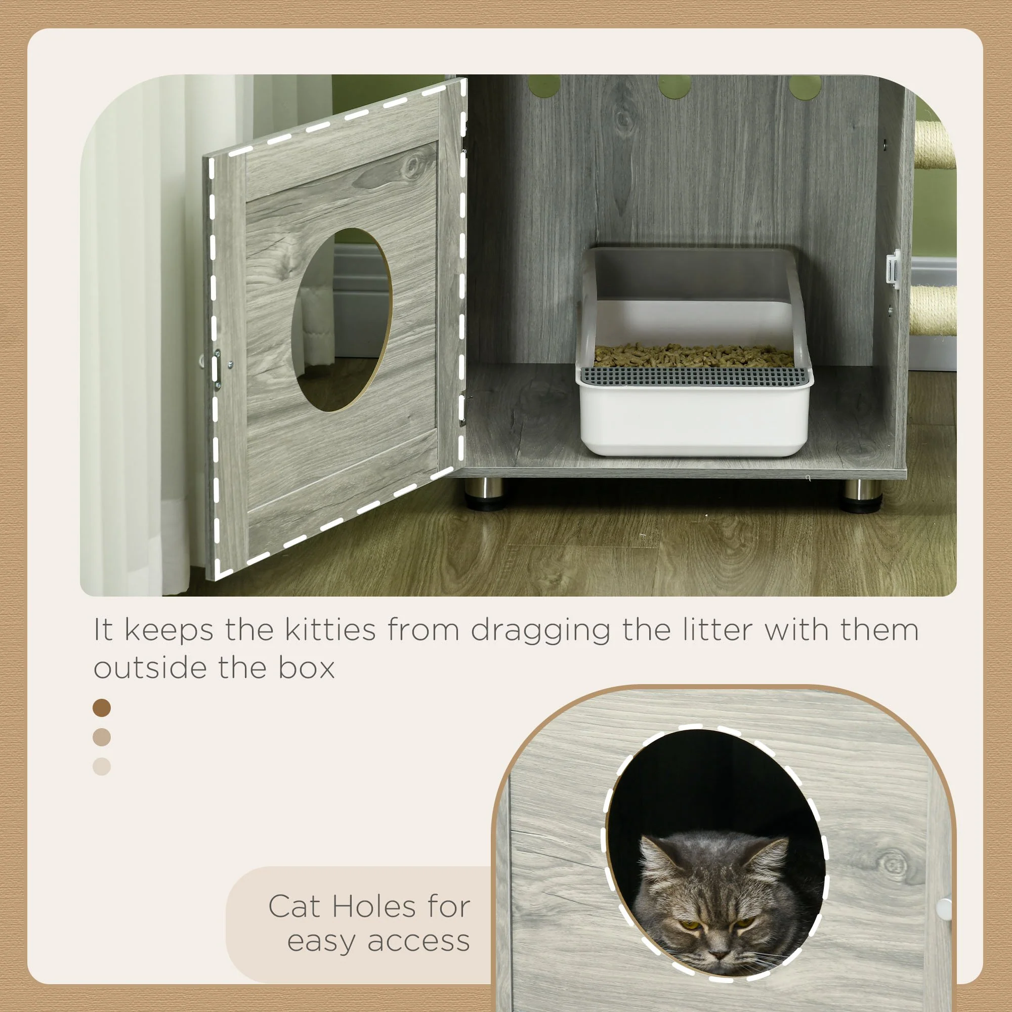 PawHut Cat Litter Box Enclosure, With Cat House, Bed, Scratching Posts, Platform - Image 7