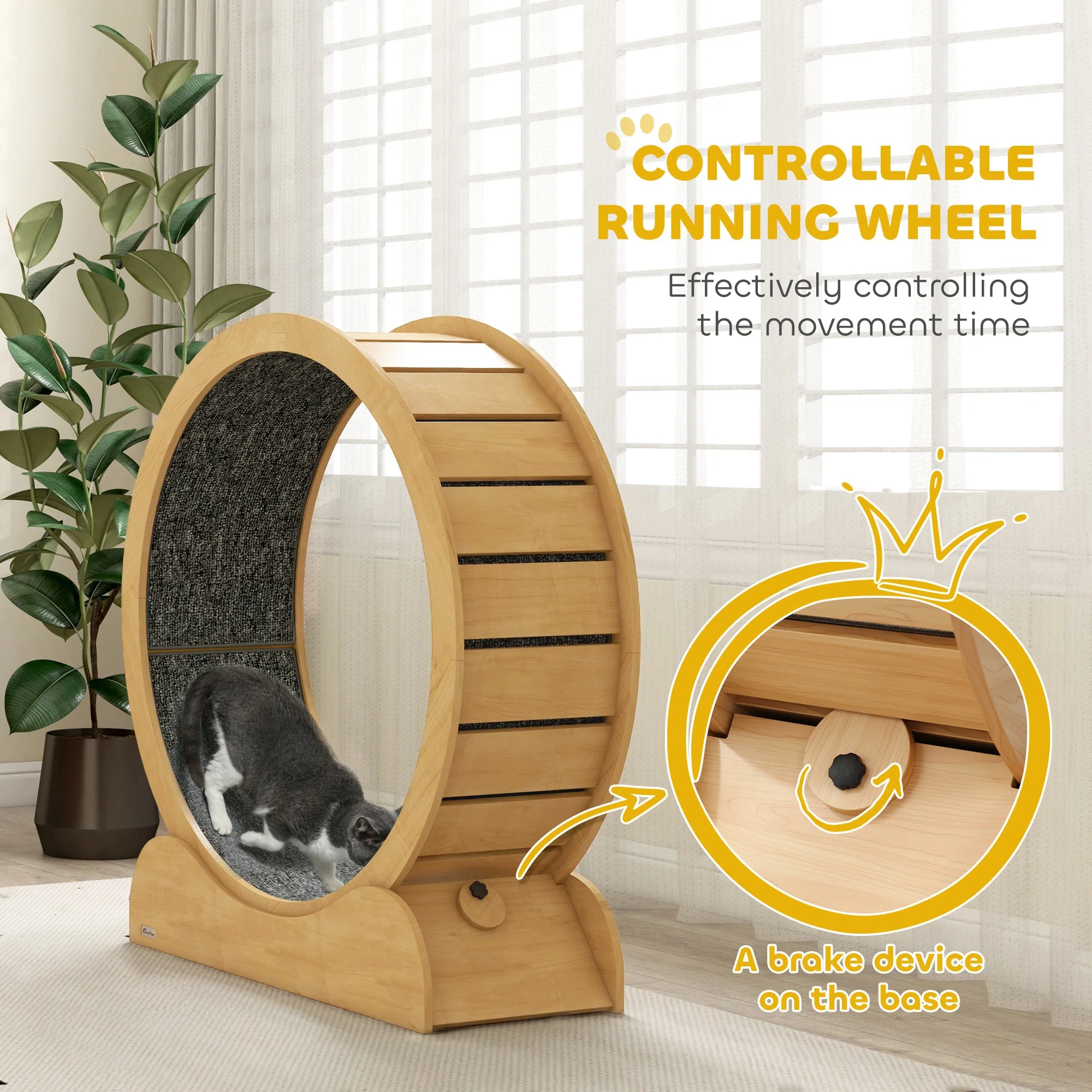 PawHut Cat Treadmill, 39.4 Inch Wooden Cat Running Wheel With Brake - White/Natural Wood Finish - Image 15
