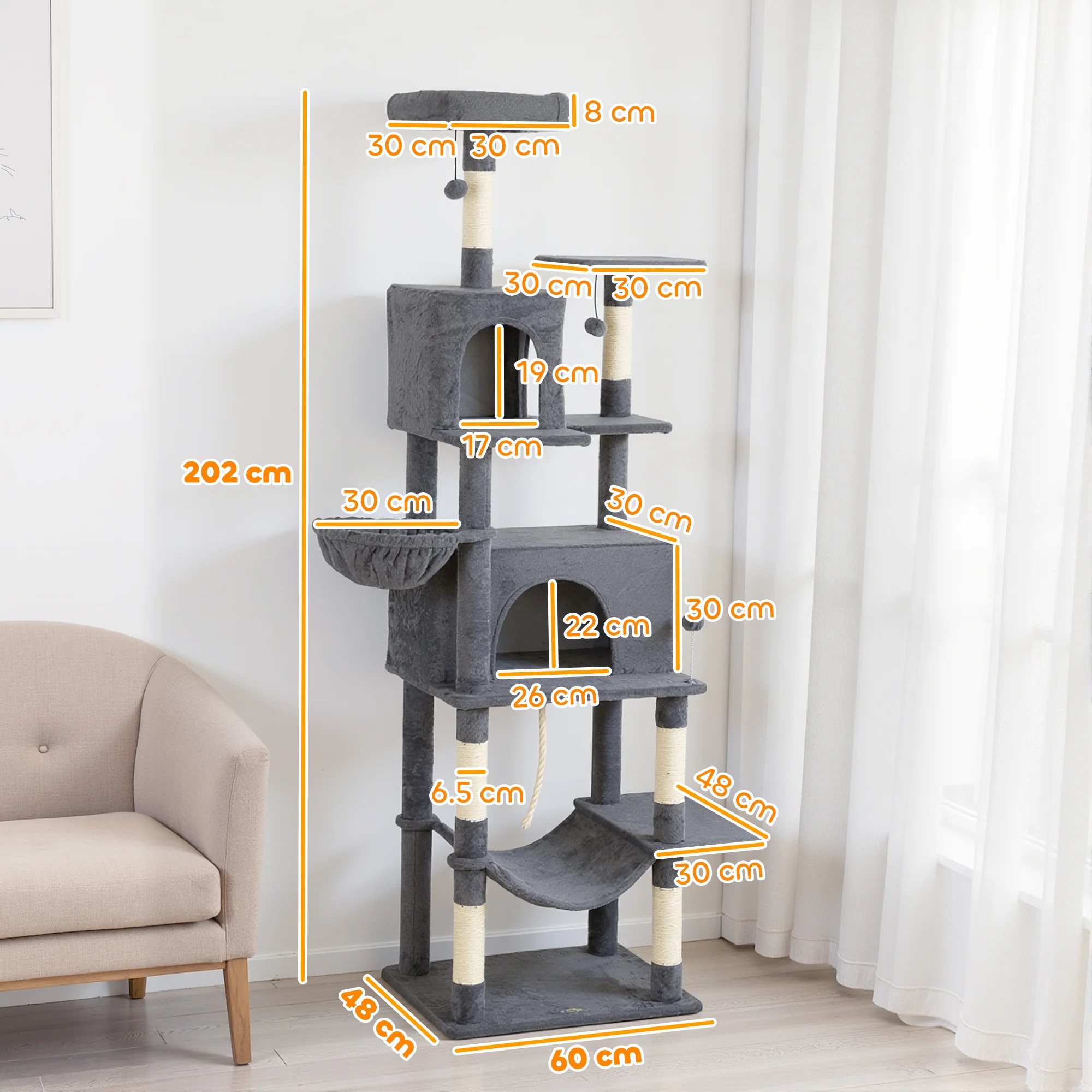 PawHut Cat Tree, 202cm Cat Tower With 2 Condos, 2 Hammocks, 2 Perches - Image 5