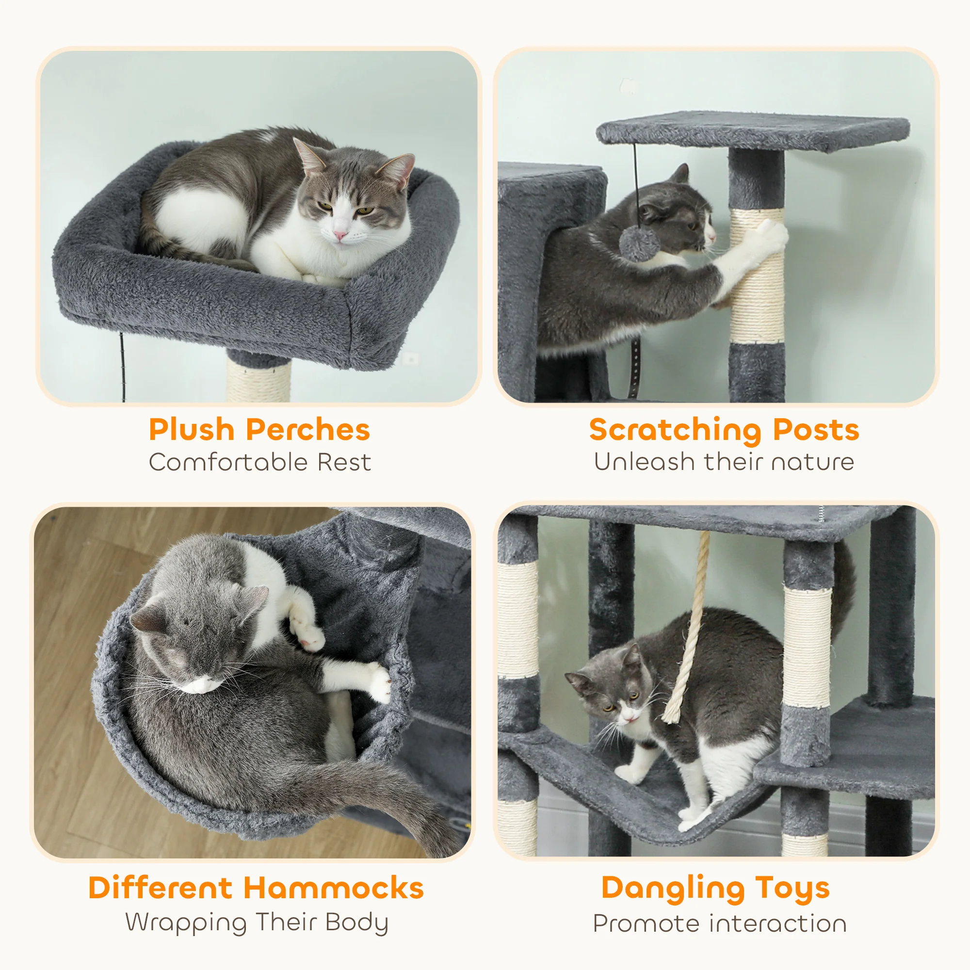 PawHut Cat Tree, 202cm Cat Tower With 2 Condos, 2 Hammocks, 2 Perches - Image 6