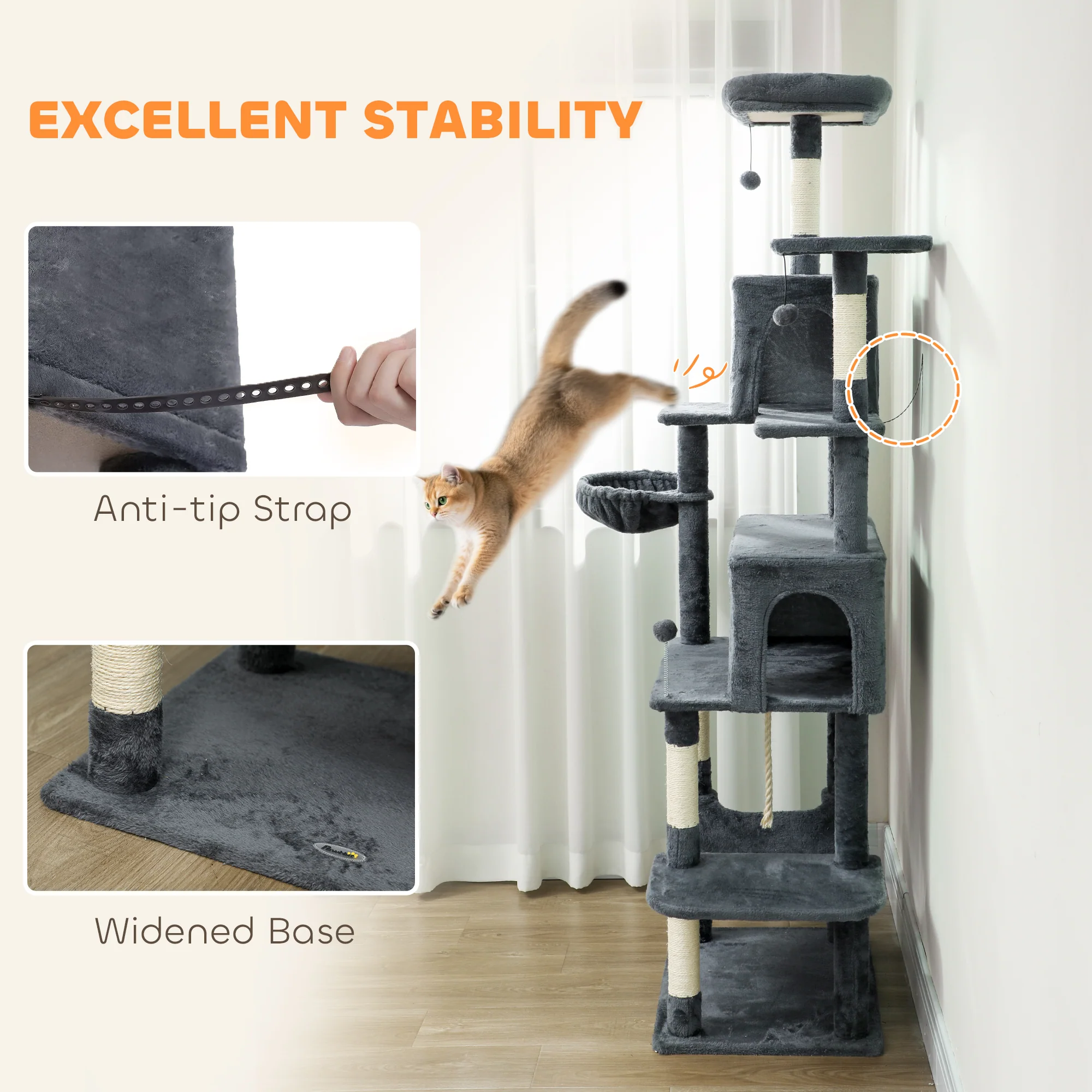 PawHut Cat Tree, 202cm Cat Tower With 2 Condos, 2 Hammocks, 2 Perches - Image 7