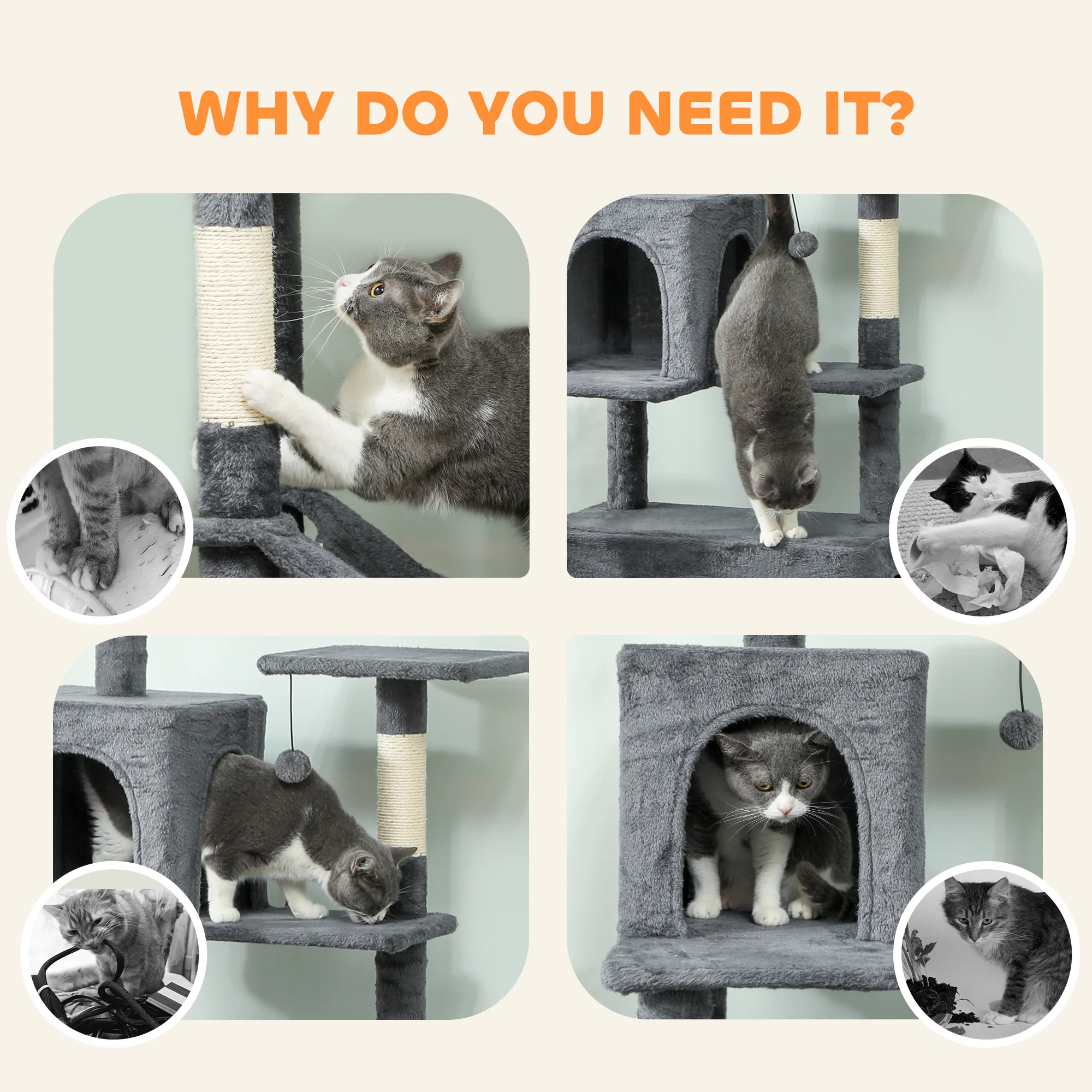 PawHut Cat Tree, 202cm Cat Tower With 2 Condos, 2 Hammocks, 2 Perches - Image 8