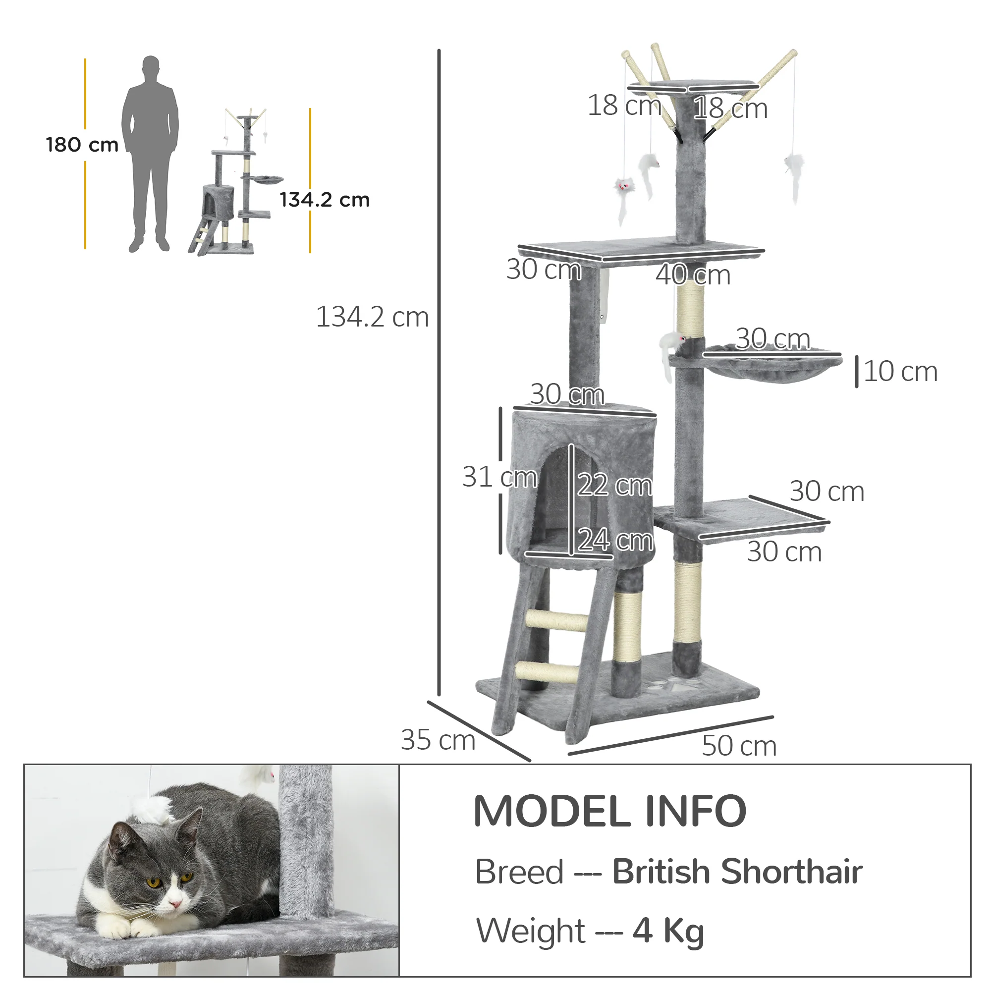 PawHut Cat Tree Kitty Activity Centre Scratching Post With Toys 5-tier Grey - Image 5