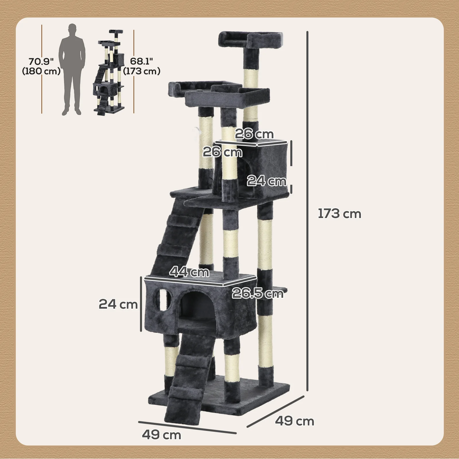 PawHut Cat Tree Scratcher Activity Centre, Condo Scratching Post Toy Bed - Image 5