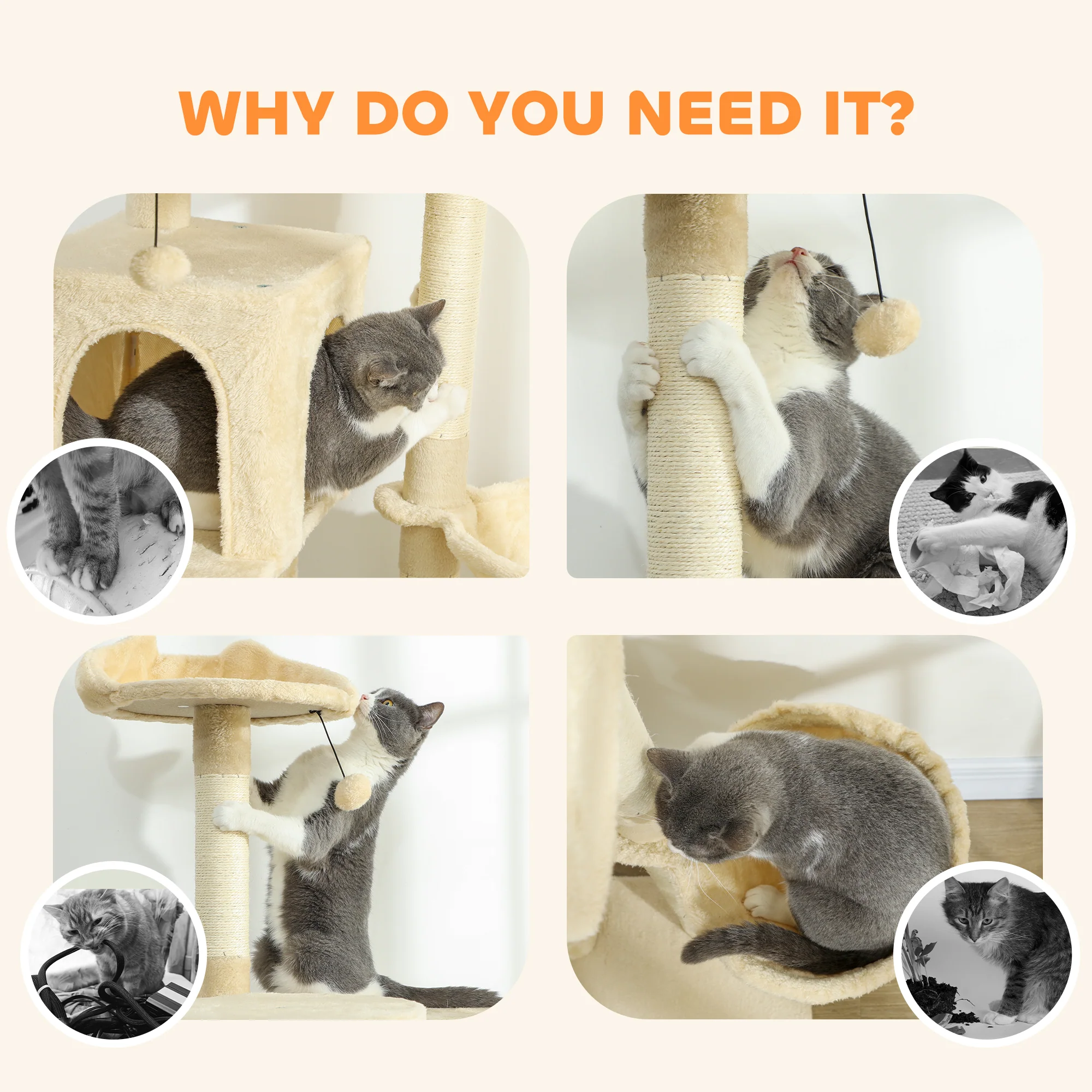 PawHut Cat Tree Tower With Sisal Scratching Posts, Condos, Beige - Image 17