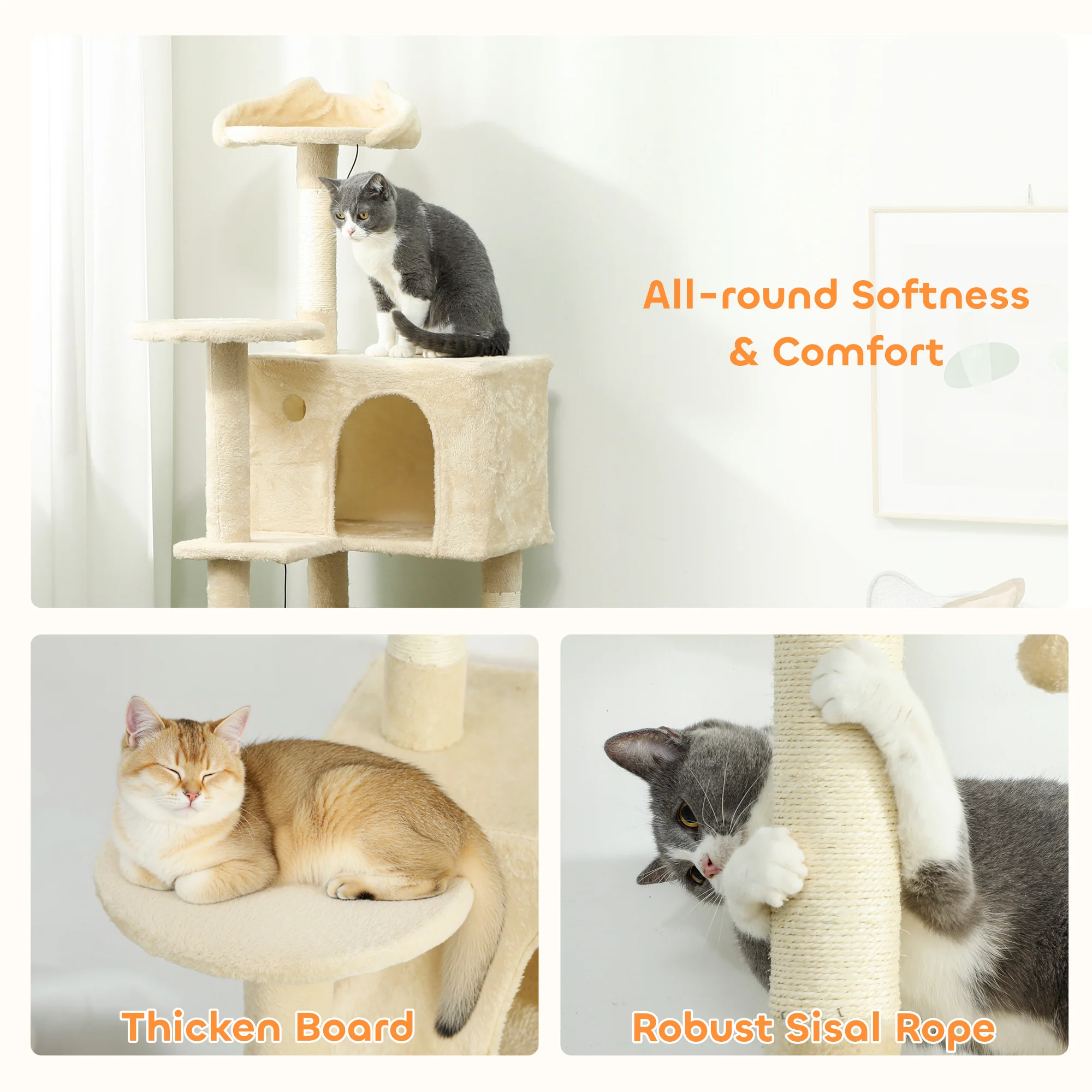 PawHut Cat Tree Tower With Sisal Scratching Posts, Condos, Beige - Image 7