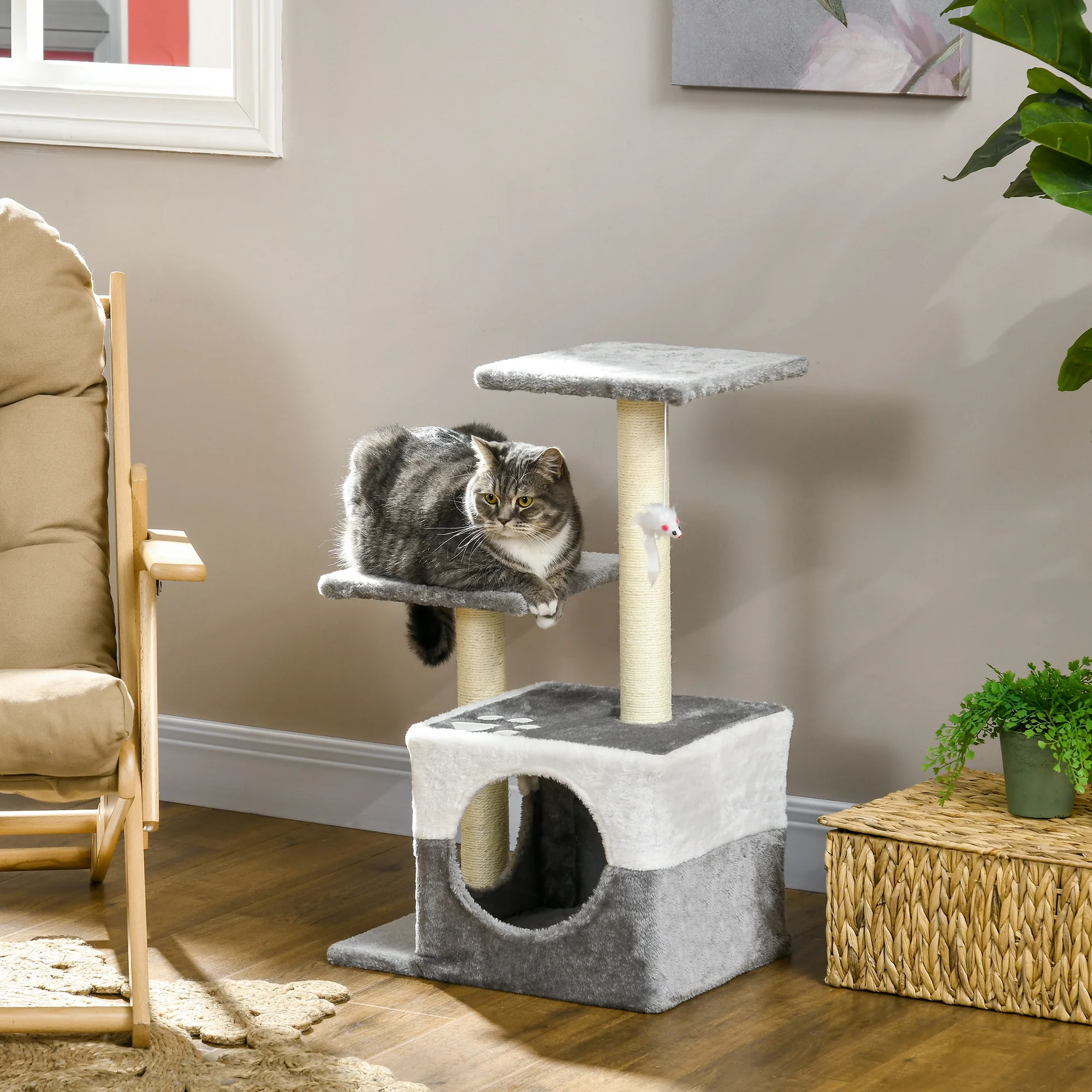 PawHut Cat Tree w/ Sisal Scratching Posts, House, Perches, Toy Mouse - Grey - Image 2