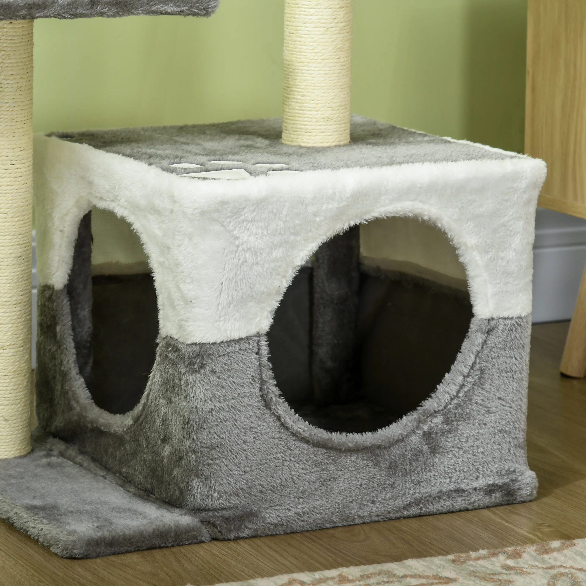 PawHut Cat Tree w/ Sisal Scratching Posts, House, Perches, Toy Mouse - Grey - Image 8