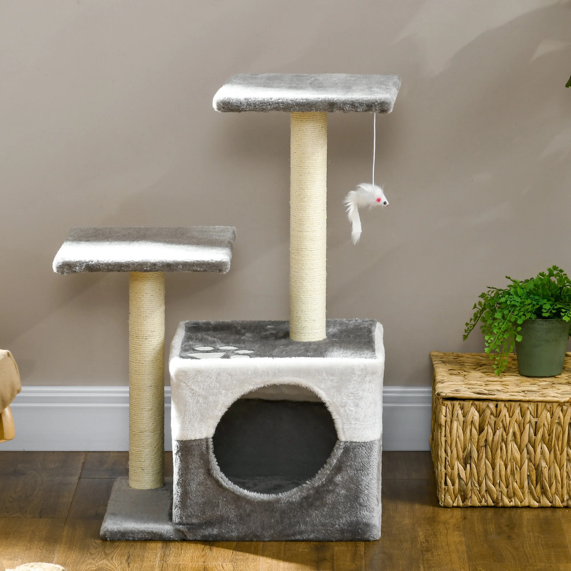 PawHut Cat Tree w/ Sisal Scratching Posts, House, Perches, Toy Mouse - Grey - Image 9