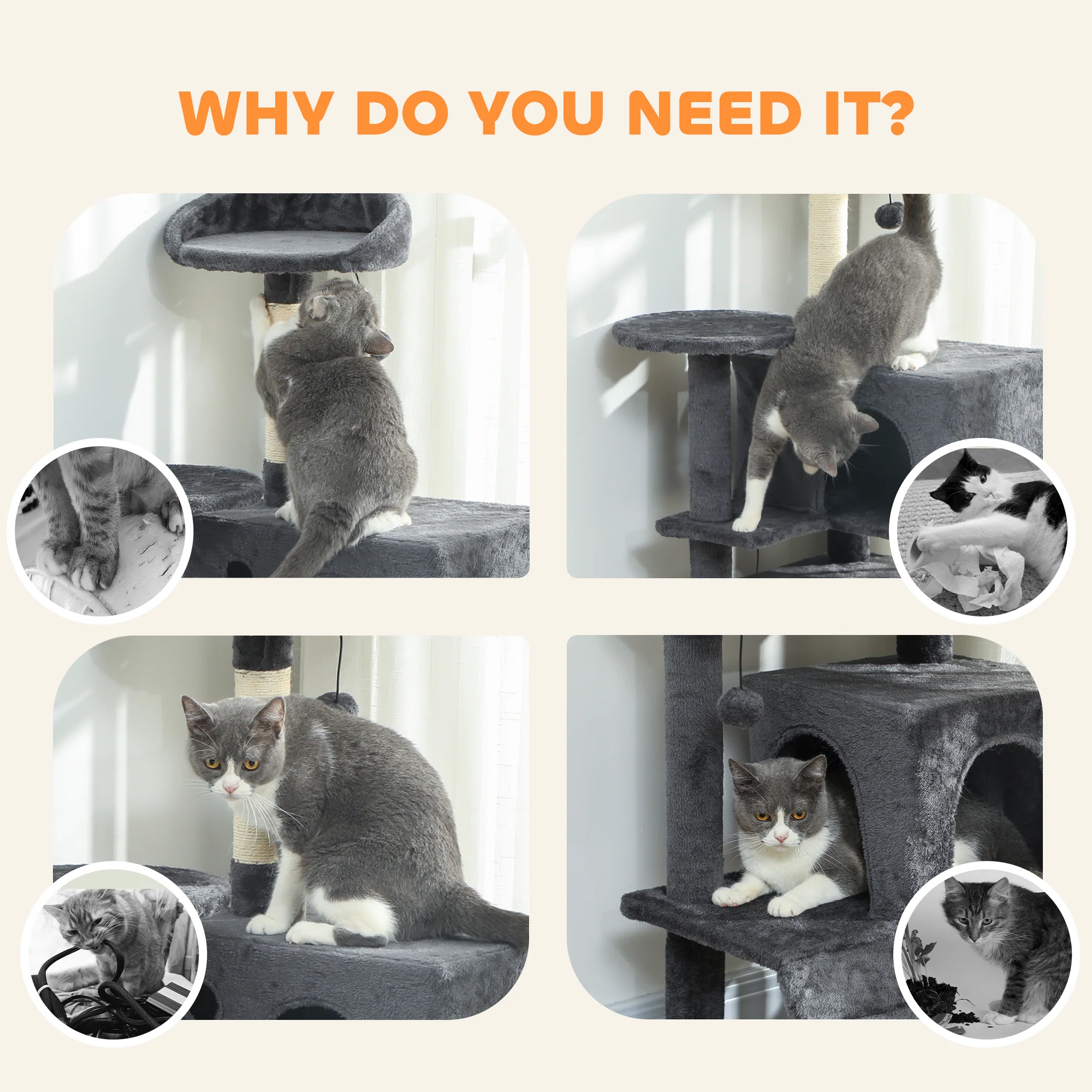 PawHut Cat Tree With Sisal Scratching Posts, Cat Houses, Dark Grey - Image 17