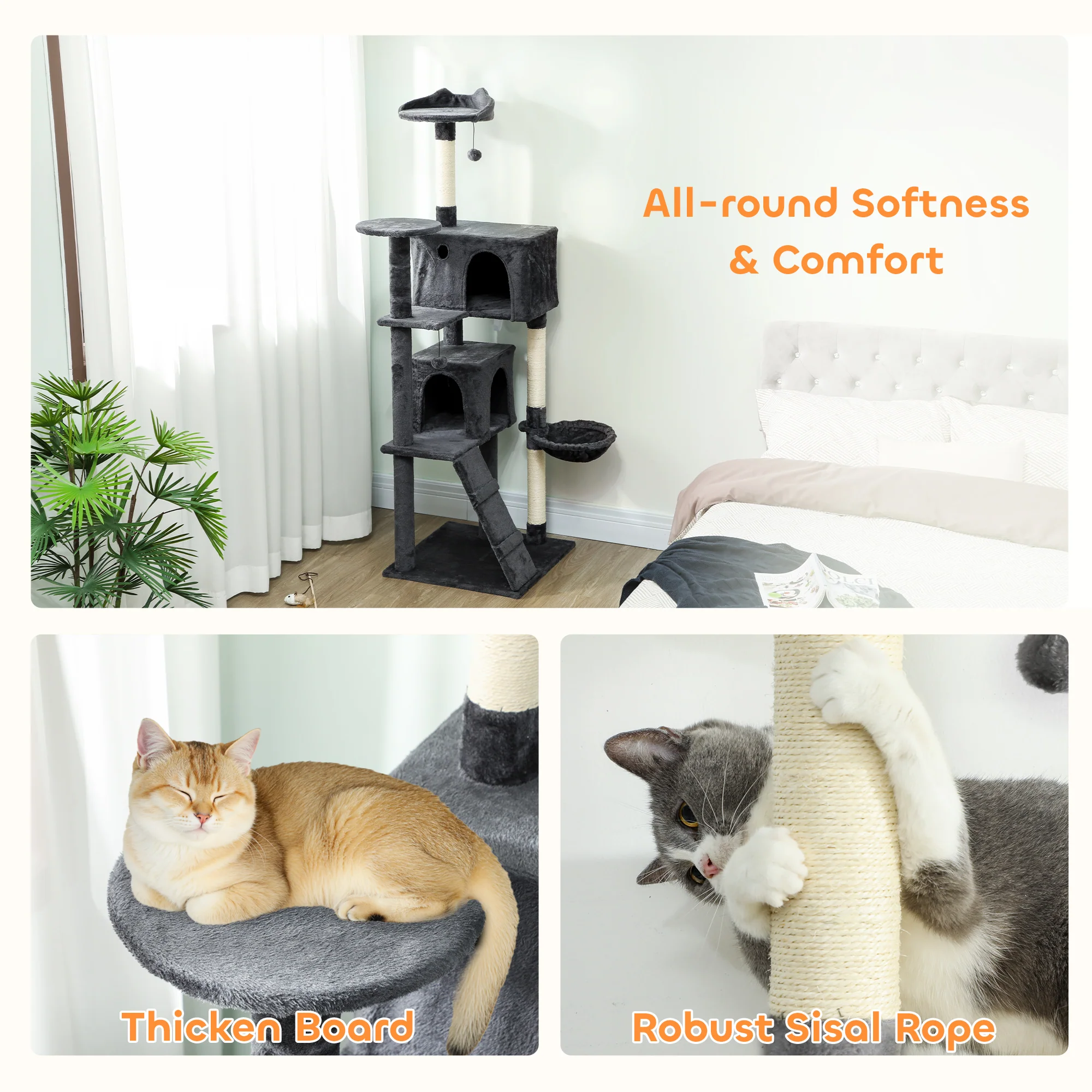 PawHut Cat Tree With Sisal Scratching Posts, Cat Houses, Dark Grey - Image 25