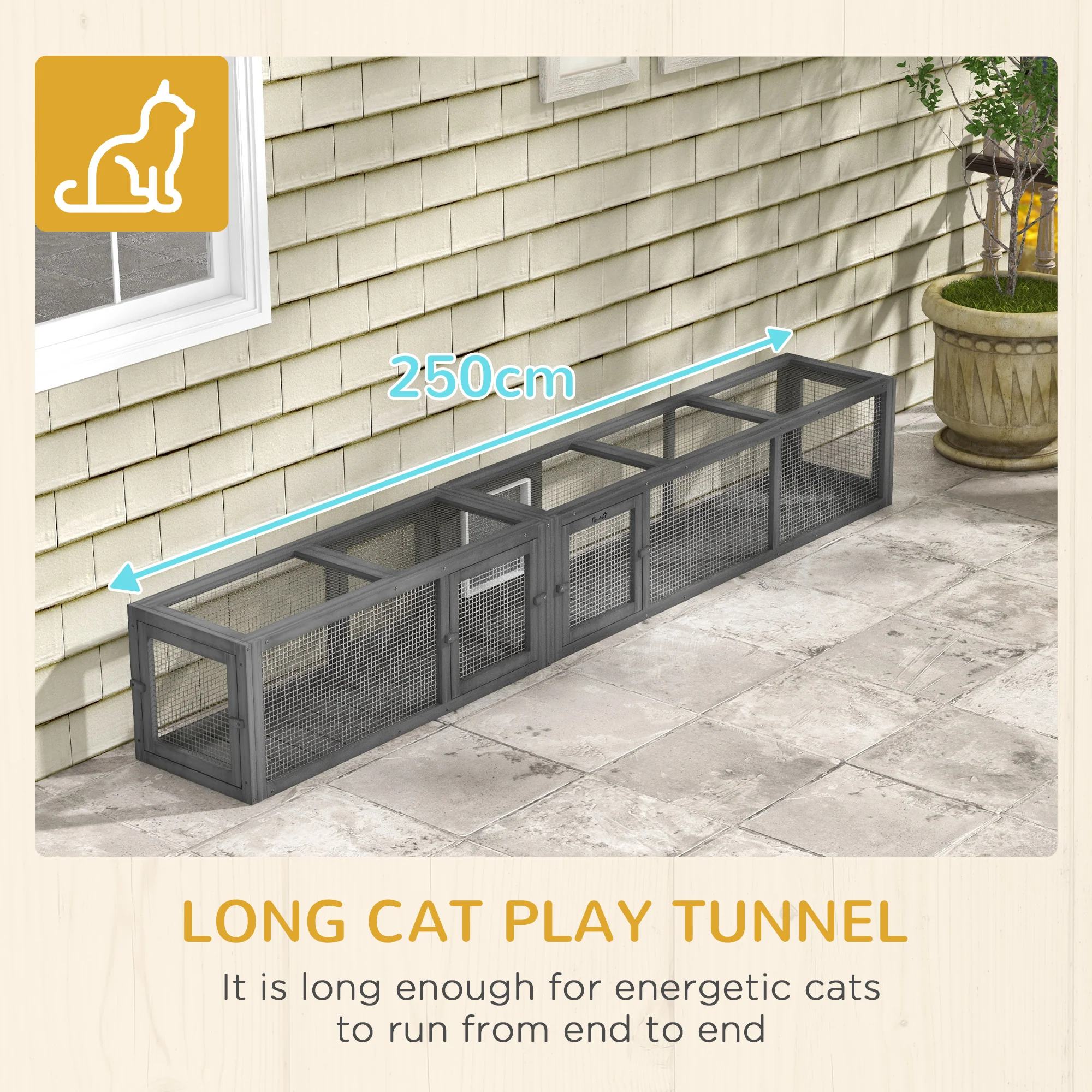 PawHut Cat Tunnel, 250cm Extra Long Wooden Cat Play Tunnel with 8 Doors Grey - Image 7