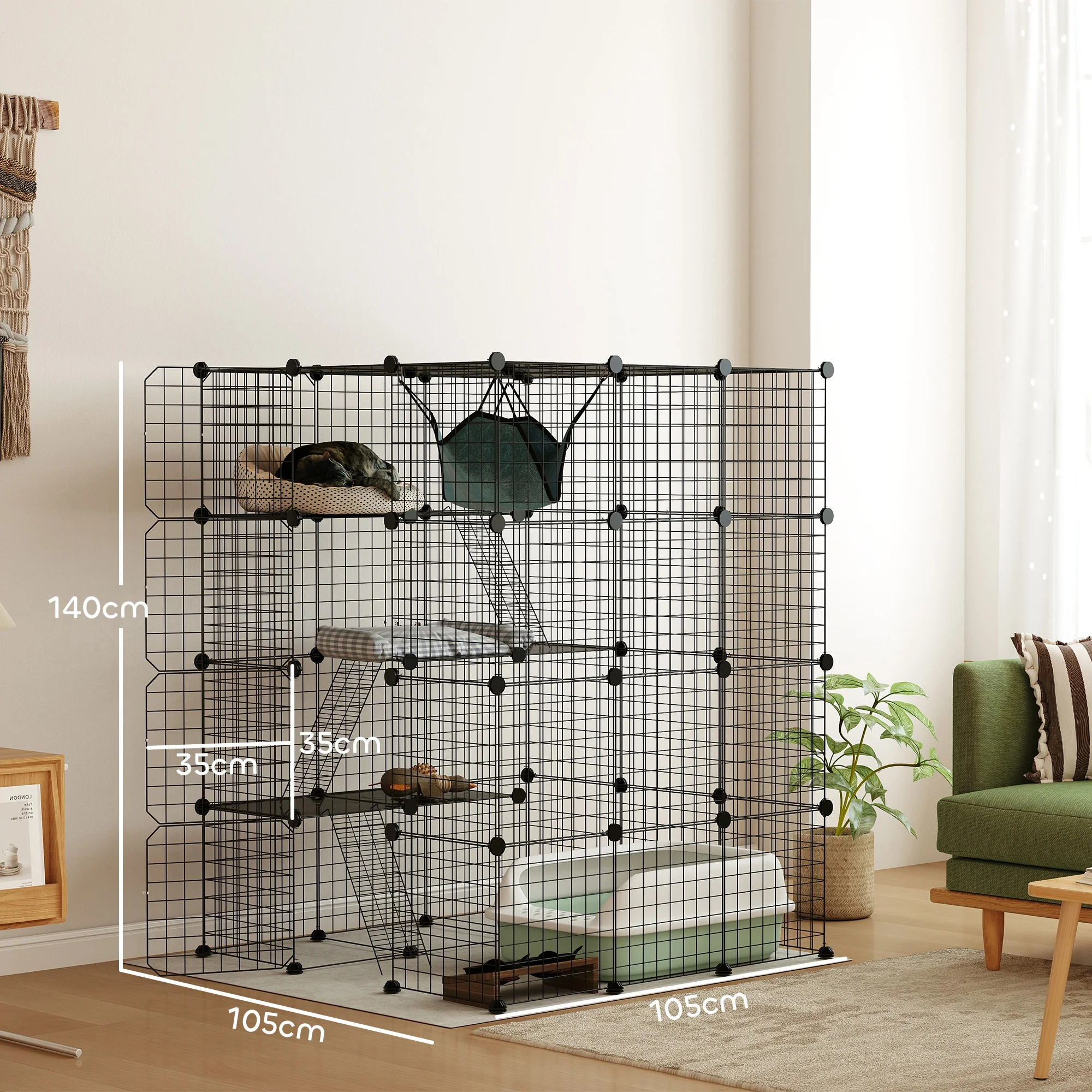 PawHut DIY 4 Tier Cat Cage Indoor With Hammock, Ramps, Doors, For 1-3 Cats - Image 5