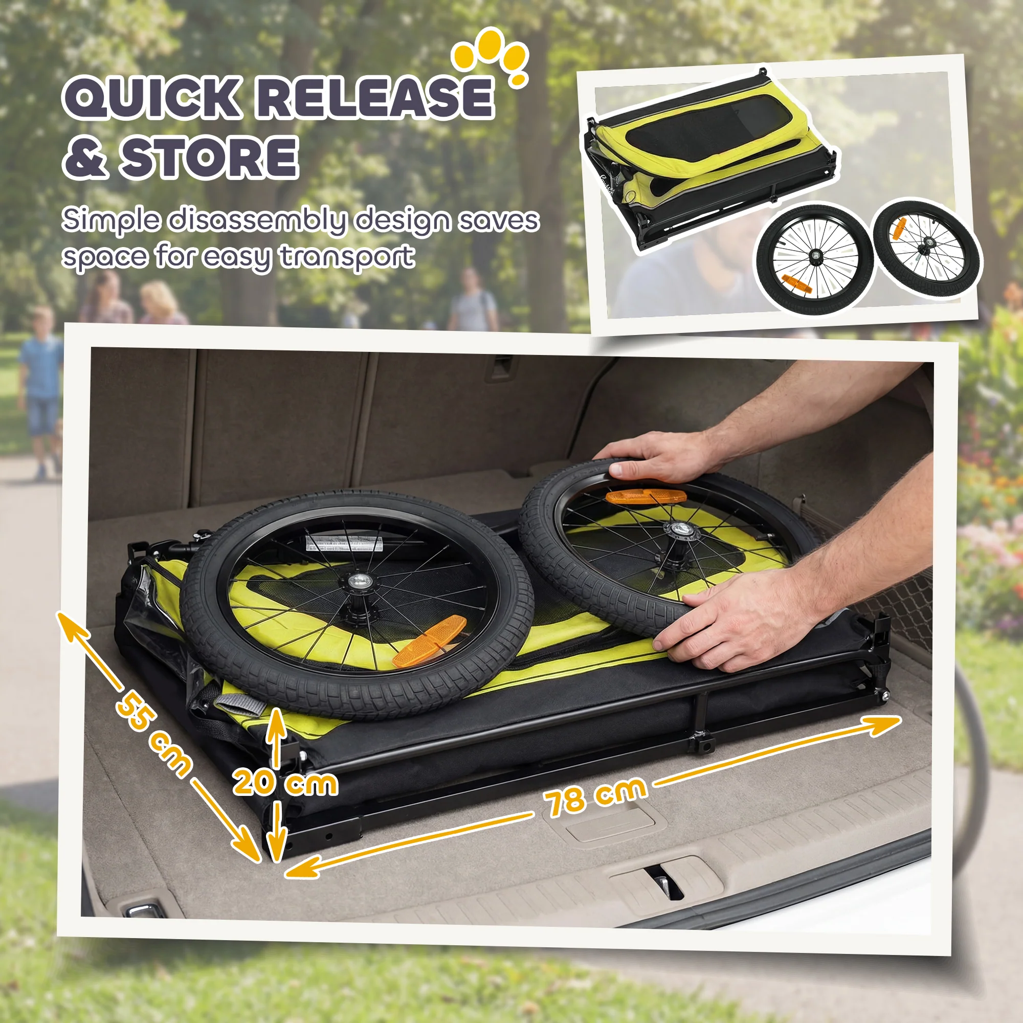 PawHut Dog Bike Trailer w/ Flip-Down Ramp Tailgate, Reflectors, Yellow - Image 7