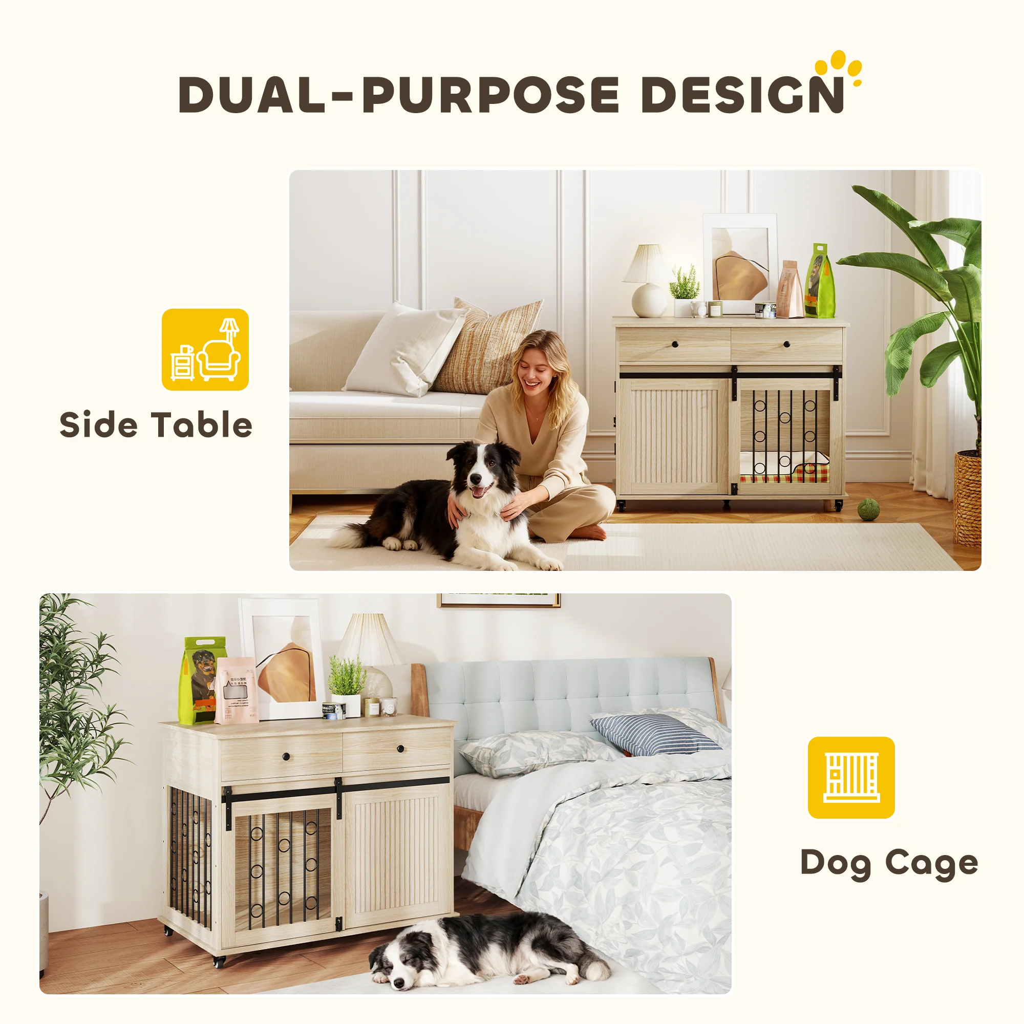 PawHut Dog Crate Furniture, Dog Cage W/ Wheels, 2 Drawers, Sliding Door, Oak - Image 3
