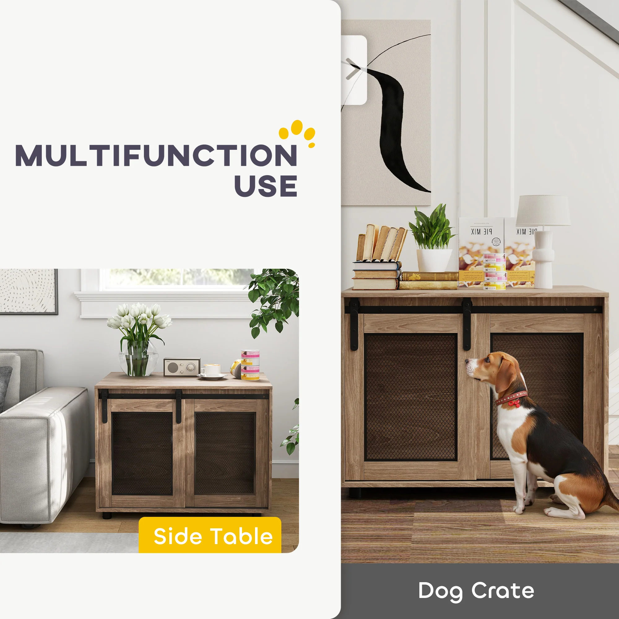 PawHut Dog Crate Furniture W/ Sliding Door, Walnut Brown - Large - Image 3