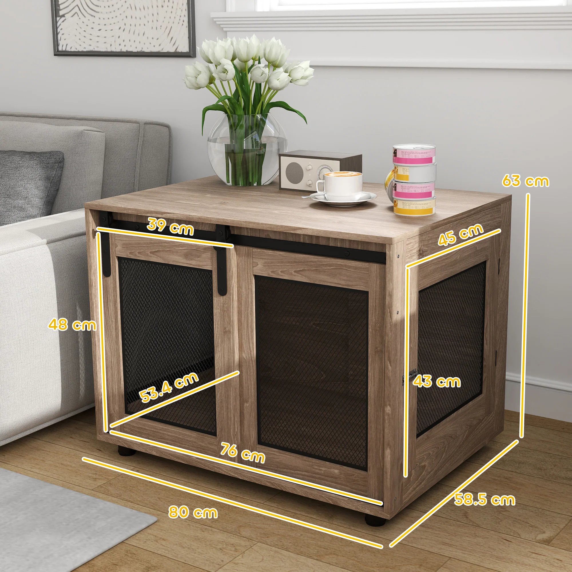 PawHut Dog Crate Furniture W/ Sliding Door, Walnut Brown - Large - Image 5