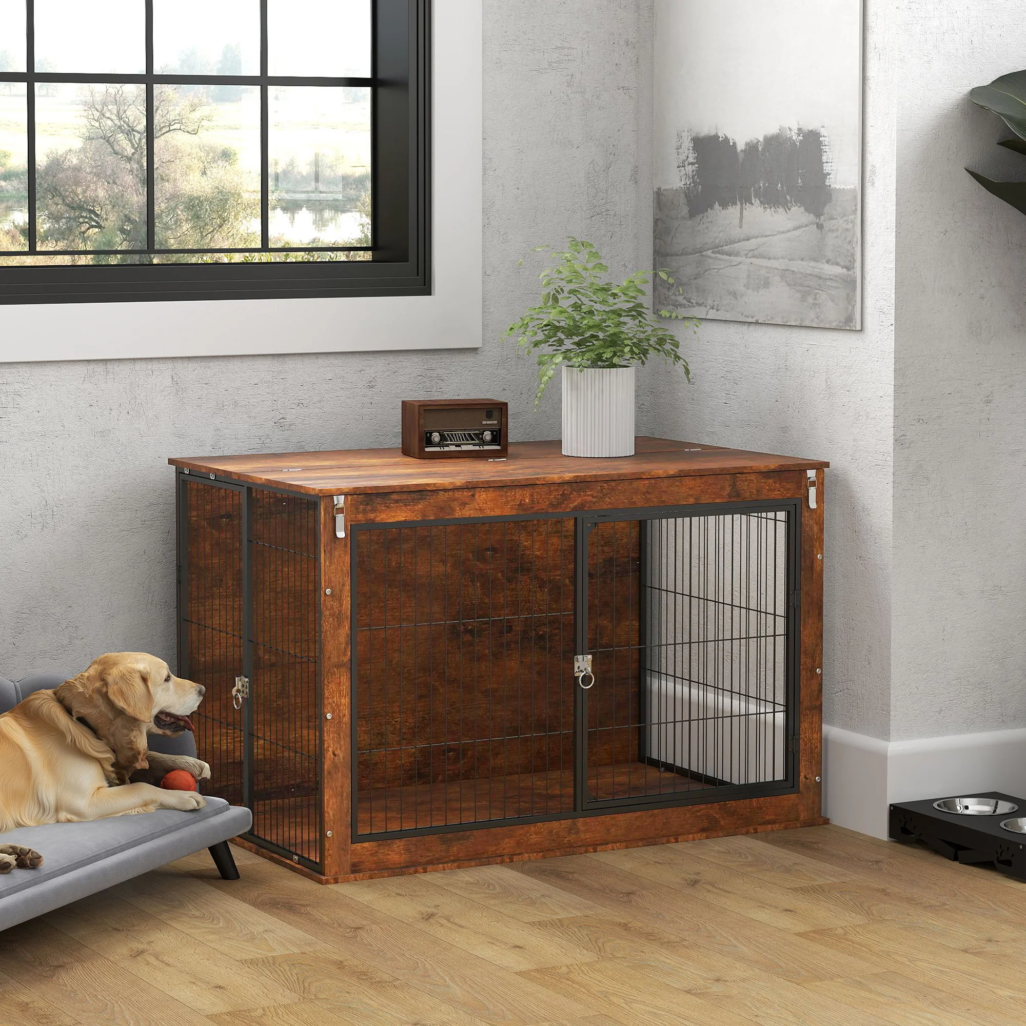 PawHut Dog Crate Furniture With Flip-up Top, 2 Doors - Image 11