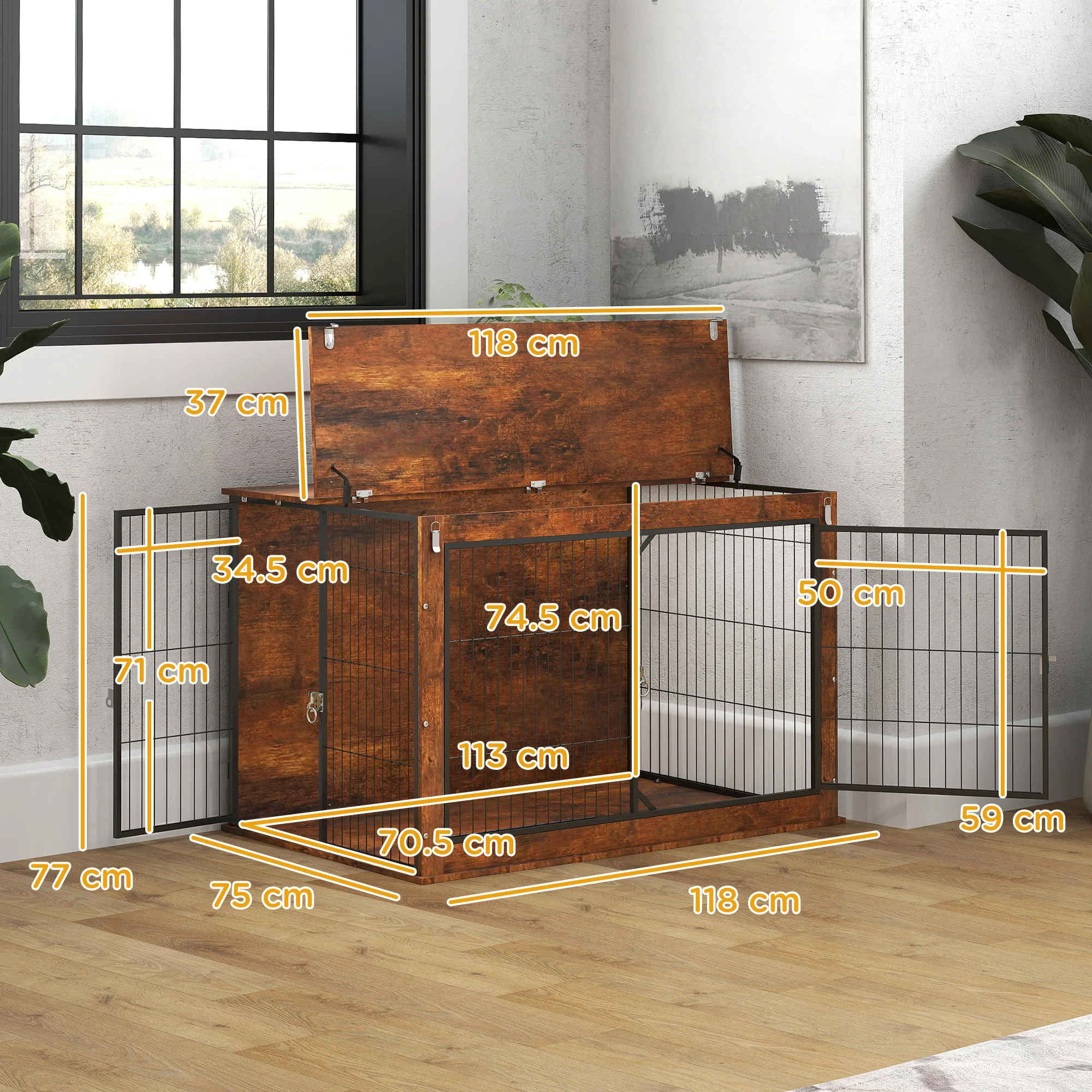 PawHut Dog Crate Furniture With Flip-up Top, 2 Doors - Image 14
