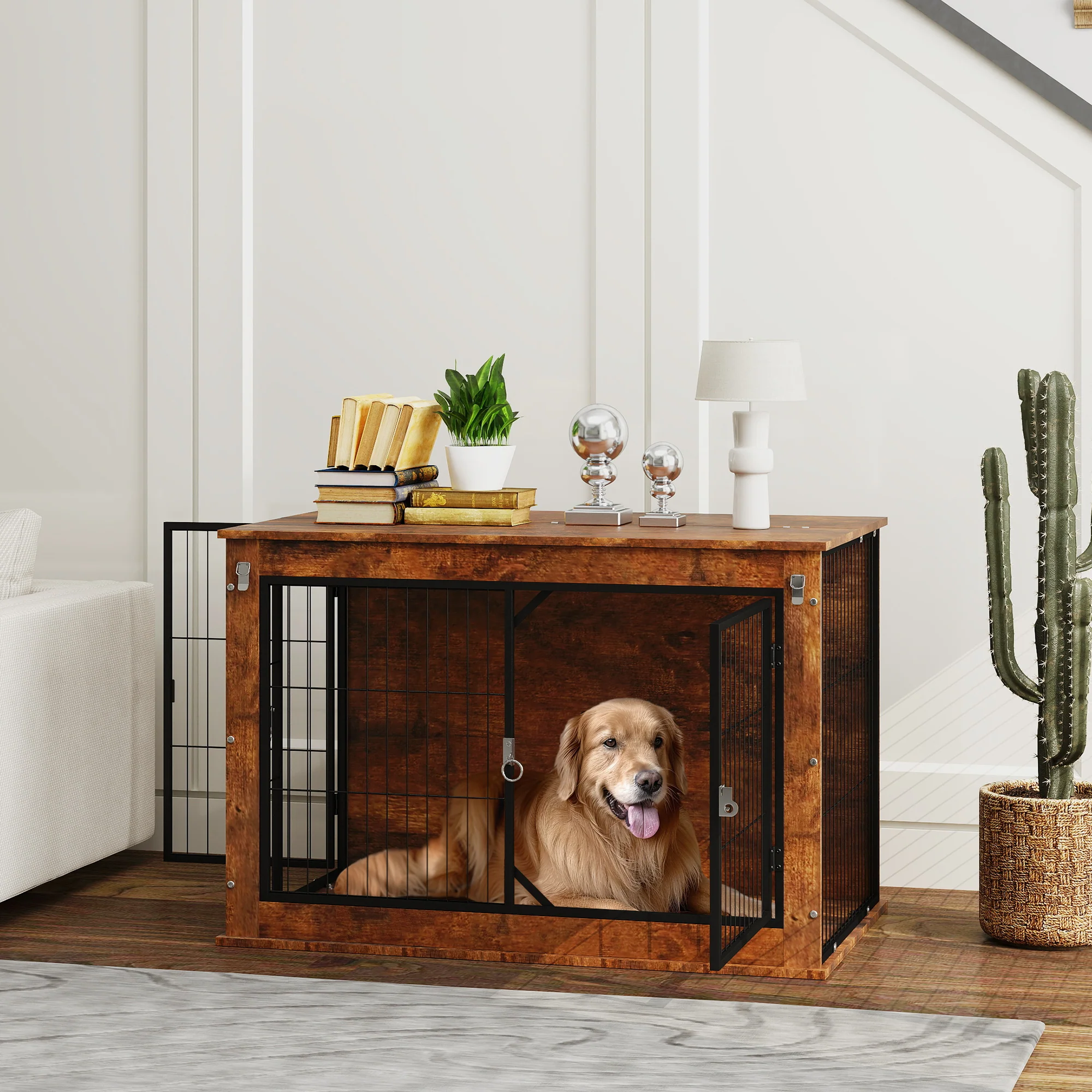 PawHut Dog Crate Furniture With Flip-up Top, 2 Doors - Image 2