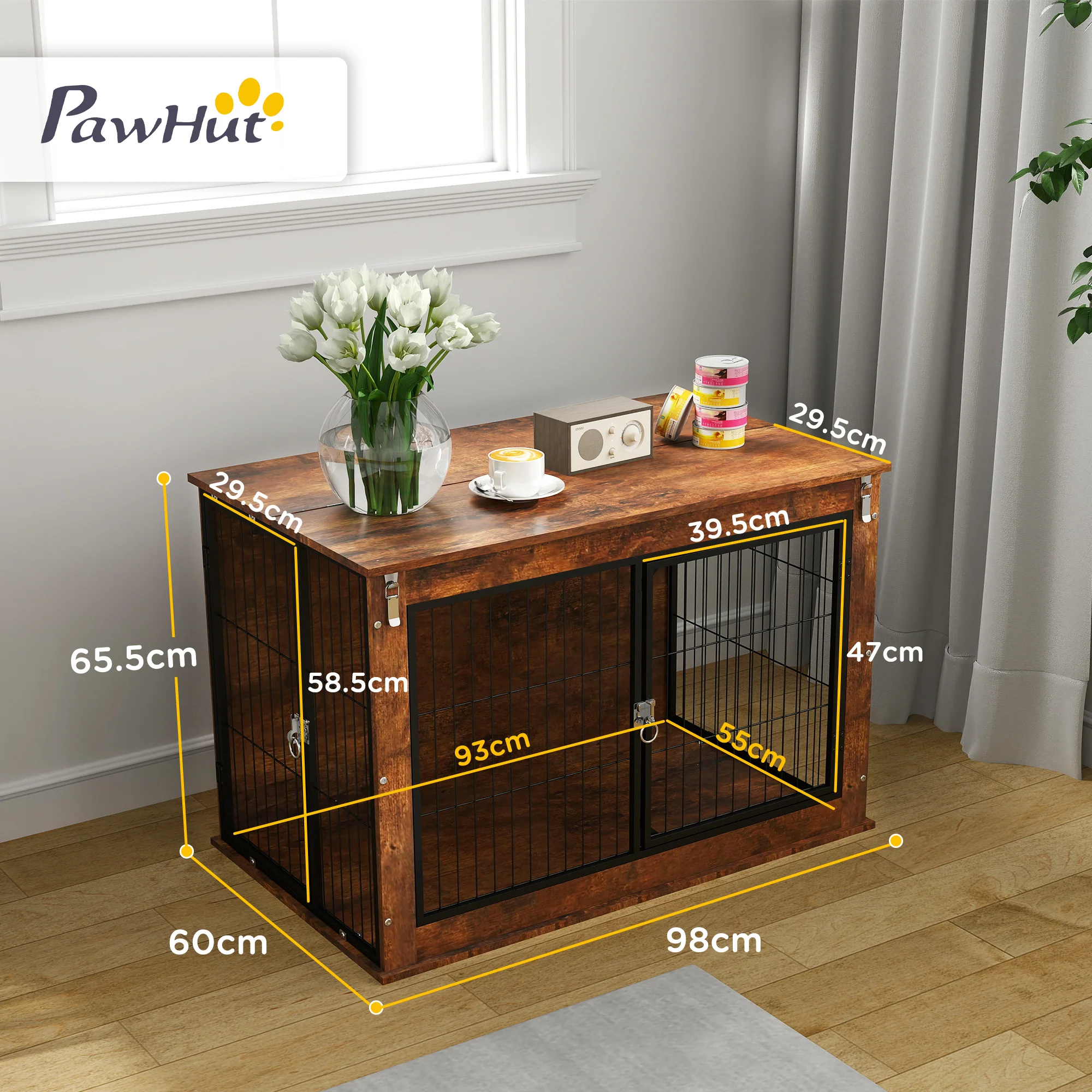 PawHut Dog Crate Furniture With Flip-up Top, 2 Doors - Image 5