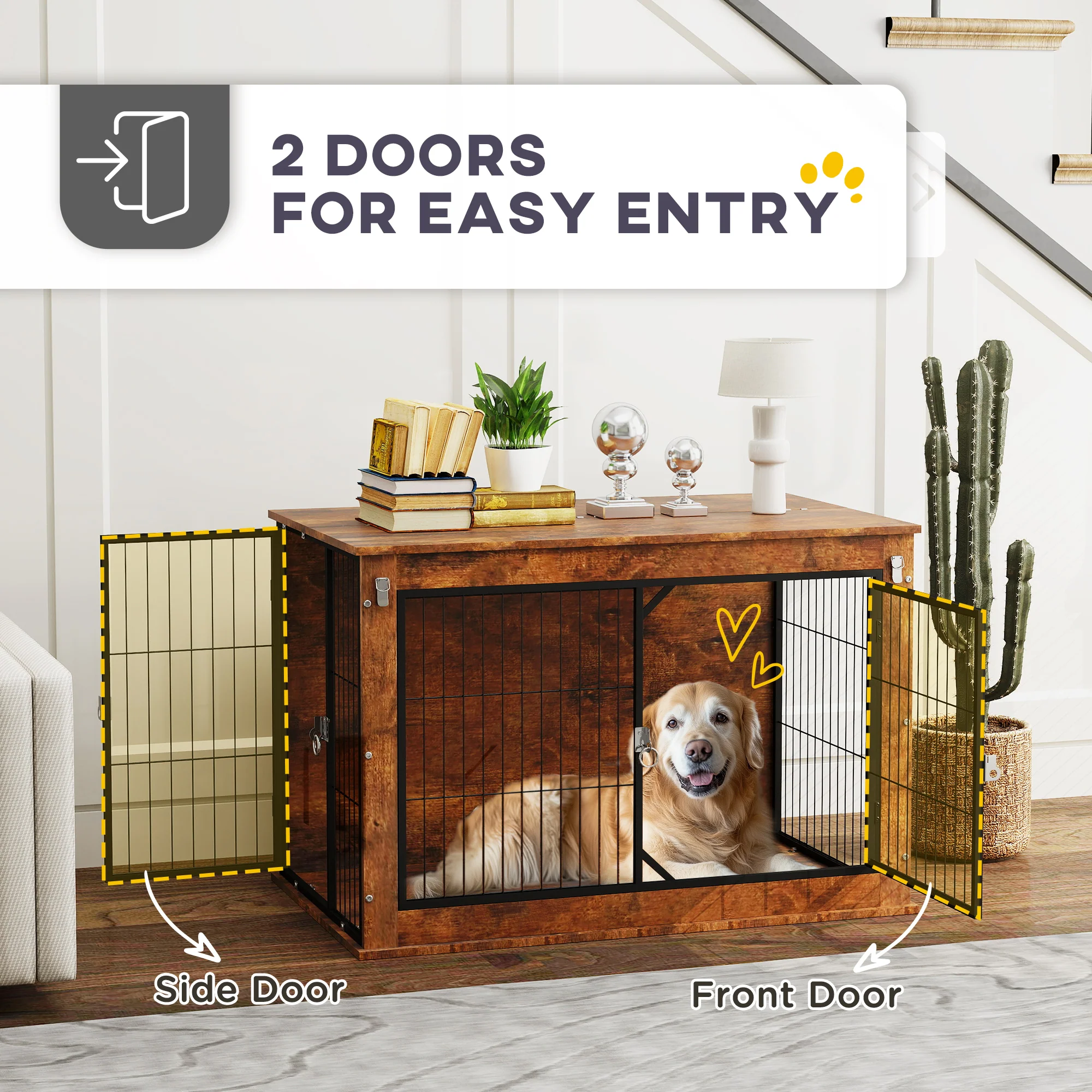 PawHut Dog Crate Furniture With Flip-up Top, 2 Doors - Image 6
