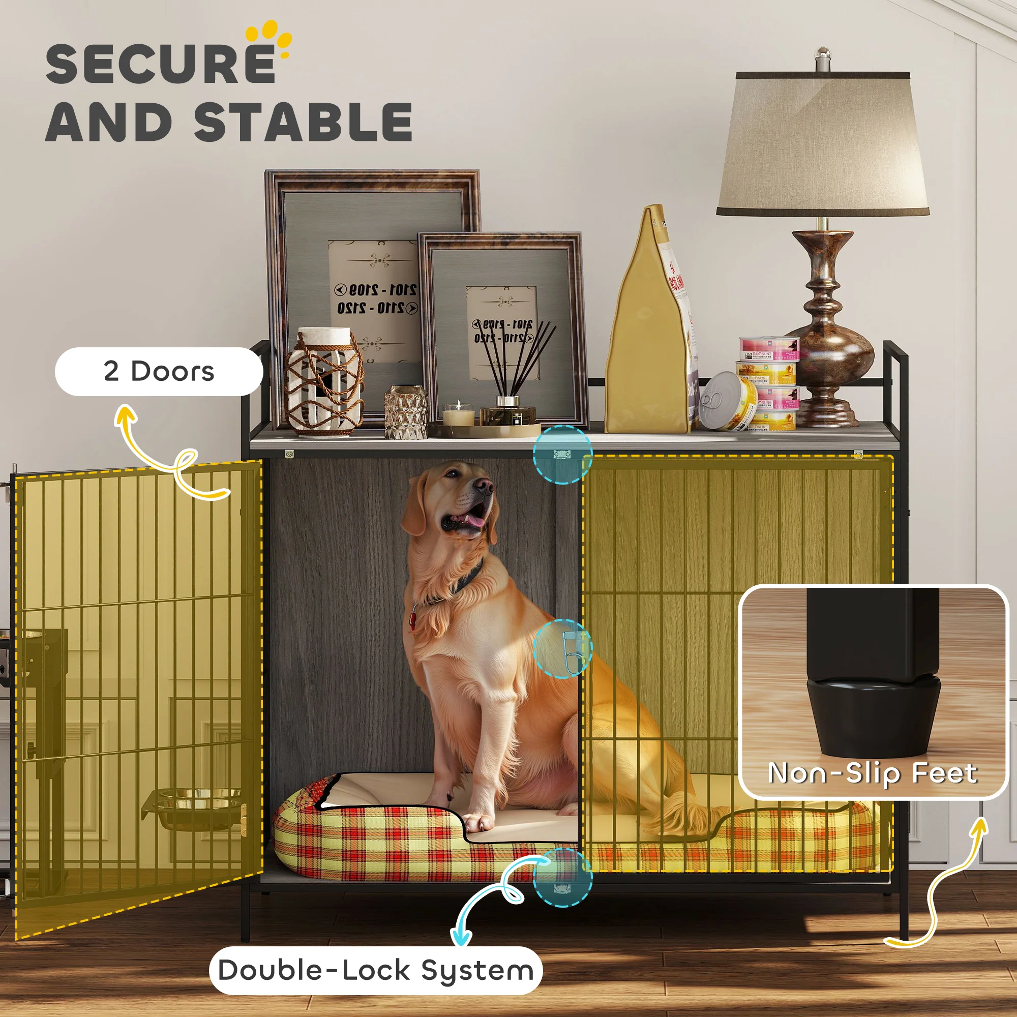 PawHut Dog Crate Furniture With Rotating Bowl Holder For Large Dogs, Grey - Image 6