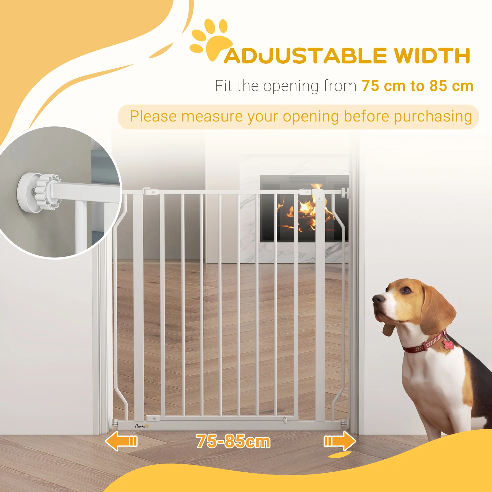 PawHut Dog Gate Wide Stair Gate w/ Door Pressure Fit, 75-85W cm, White - Image 4