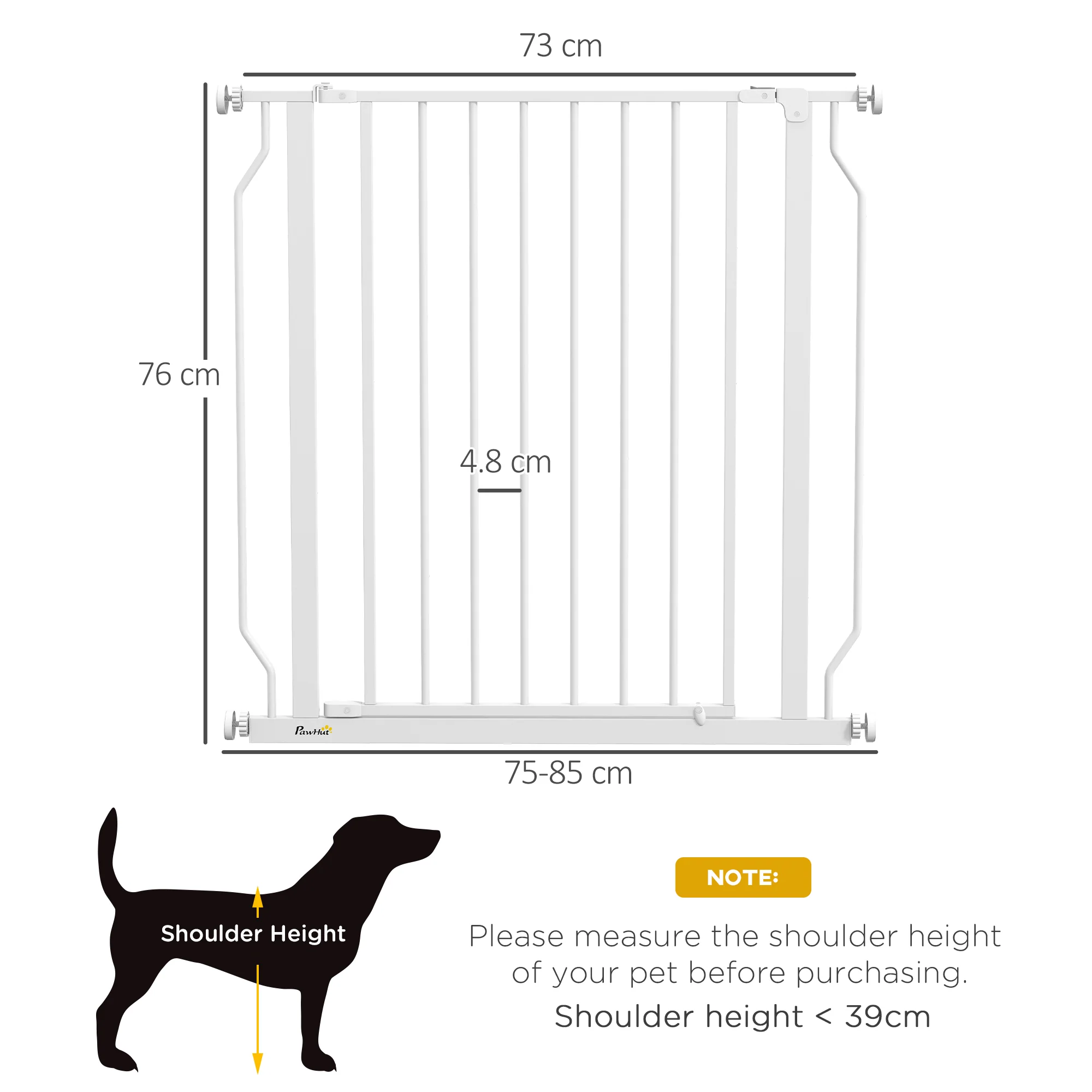 PawHut Dog Gate Wide Stair Gate w/ Door Pressure Fit, 75-85W cm, White - Image 5
