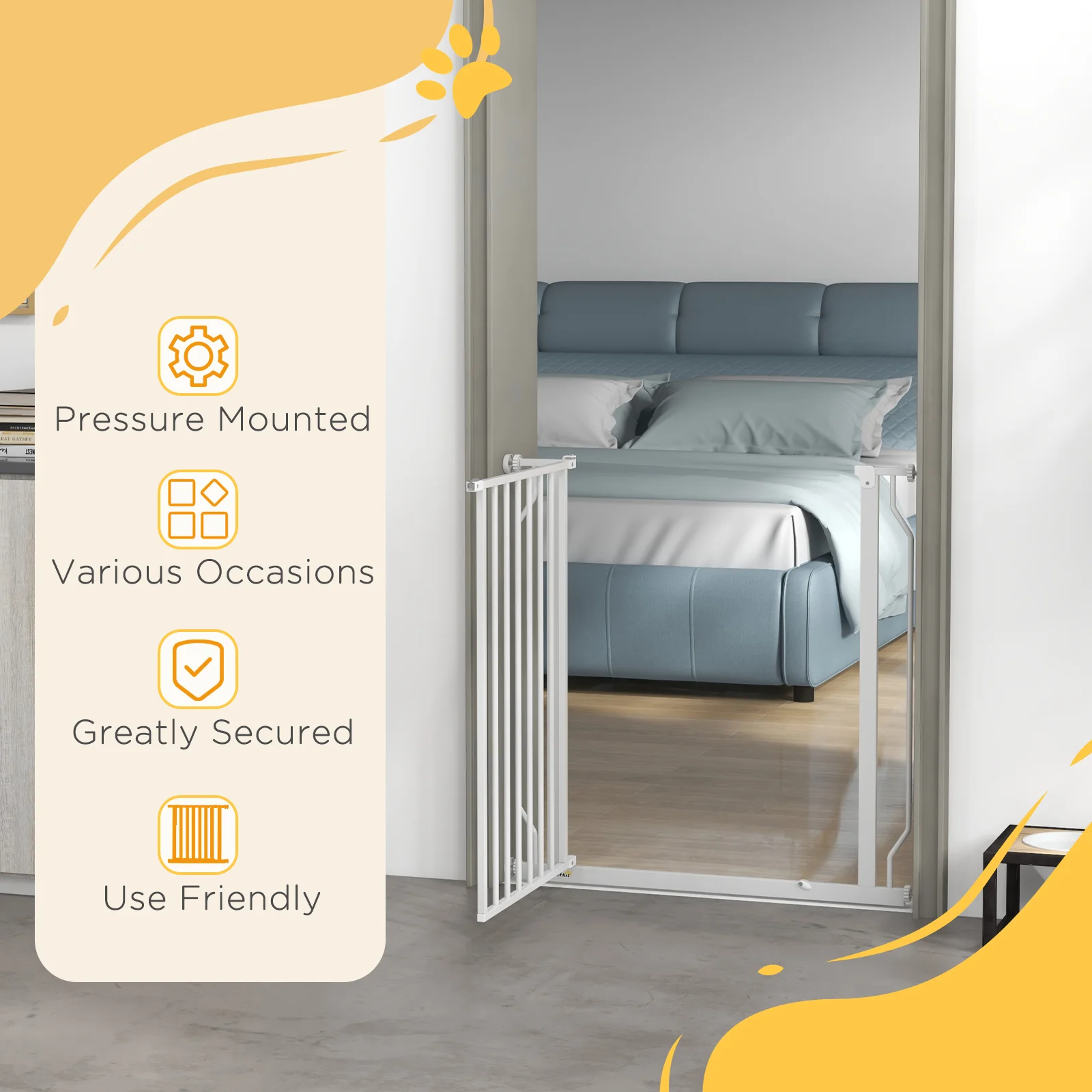 PawHut Dog Gate Wide Stair Gate w/ Door Pressure Fit, 75-85W cm, White - Image 6