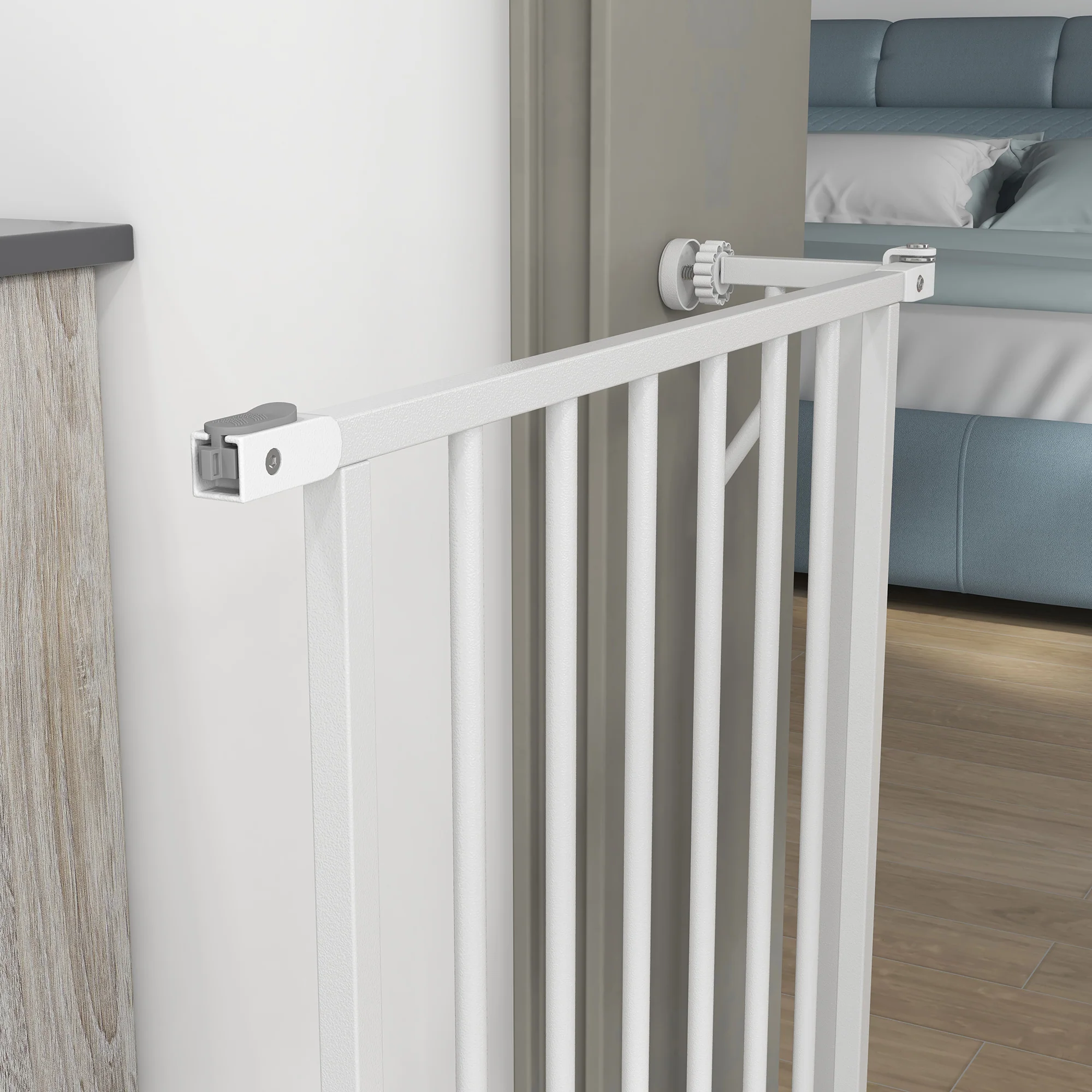 PawHut Dog Gate Wide Stair Gate w/ Door Pressure Fit, 75-85W cm, White - Image 8