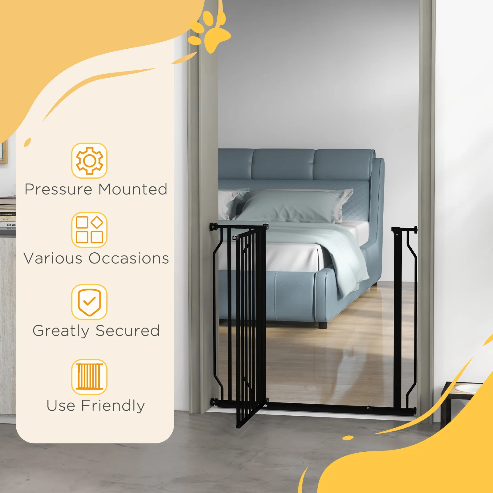 PawHut Dog Gate Wide Stair Gate w/ Door Pressure Fit, 75-95W cm, Black - Image 6