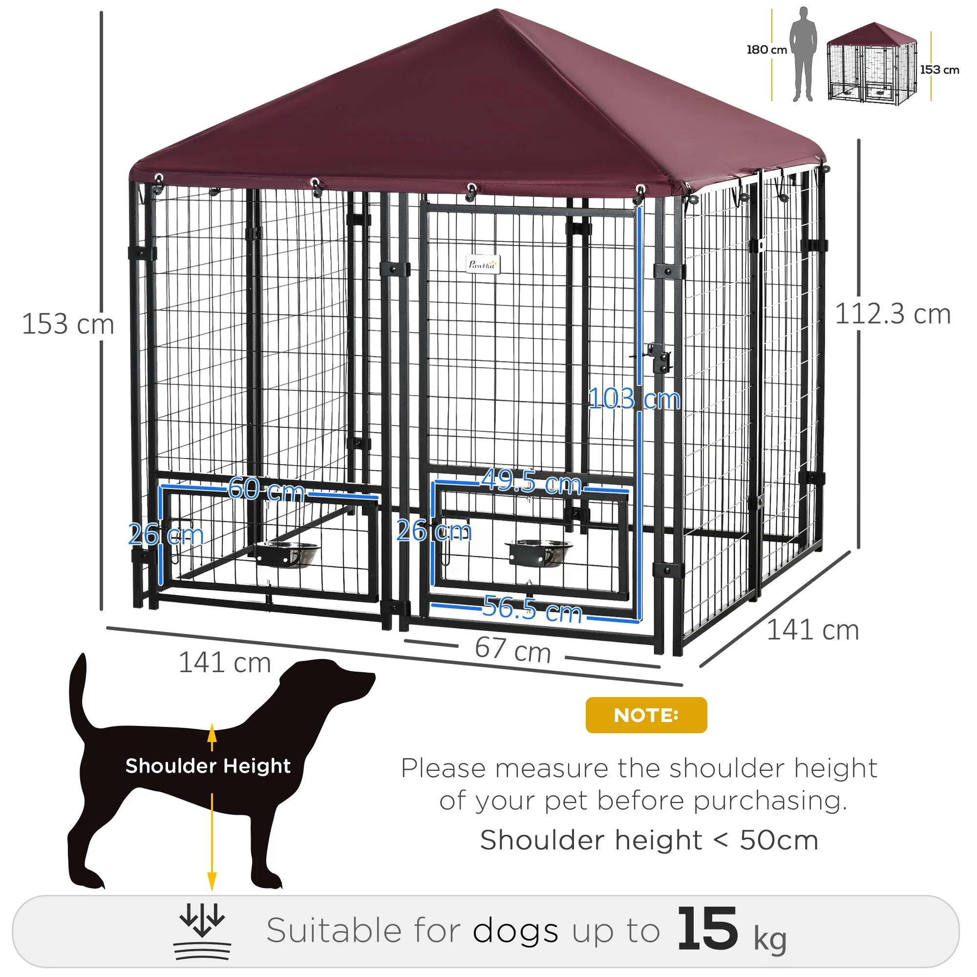 PawHut Dog Kennel with Rotating Bowl Holders, Cover, Outdoor Dog Run - Image 5