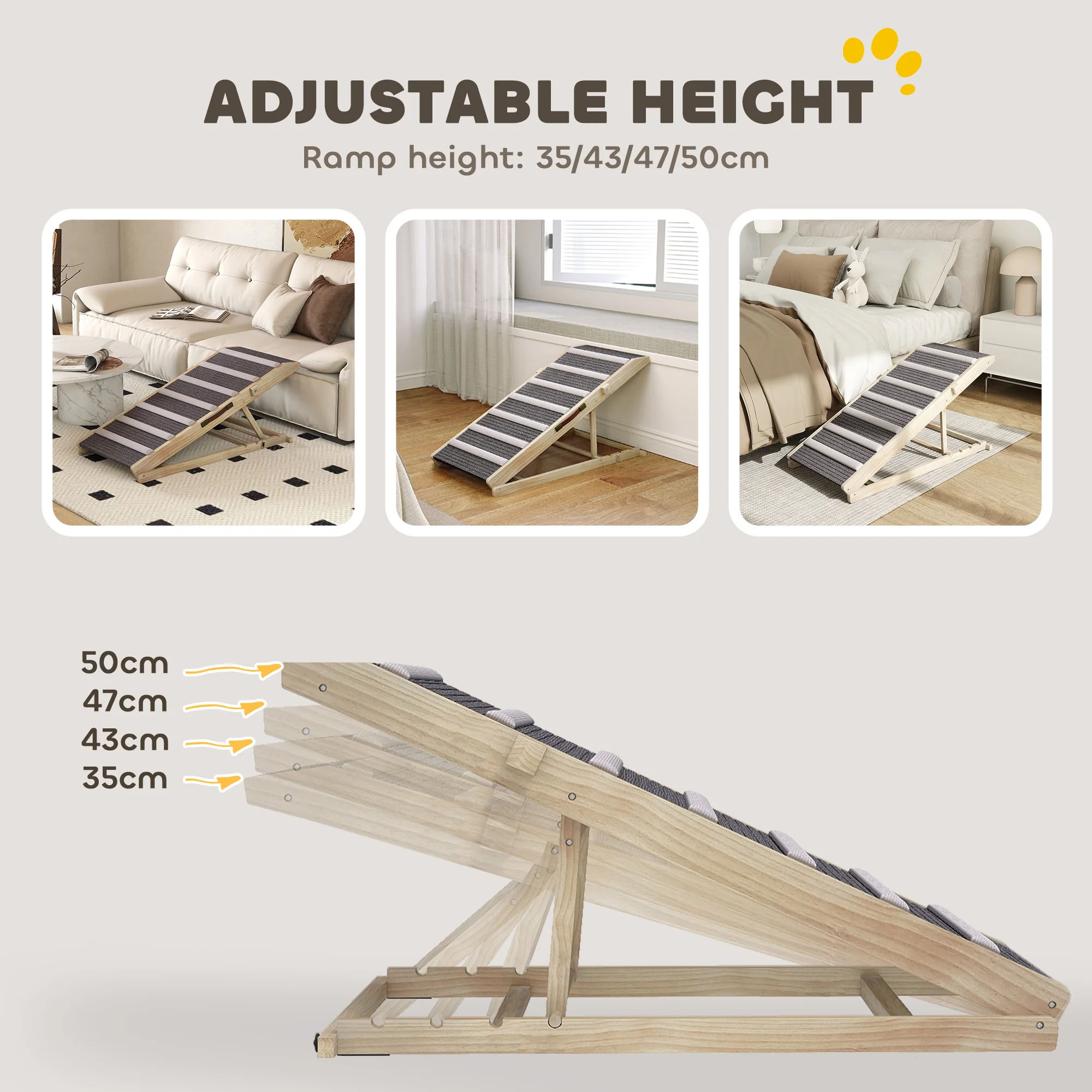 PawHut Dog Ramp For Couch, 4 Adjustable Height Dog Climbing Ladder For Bed - Image 6
