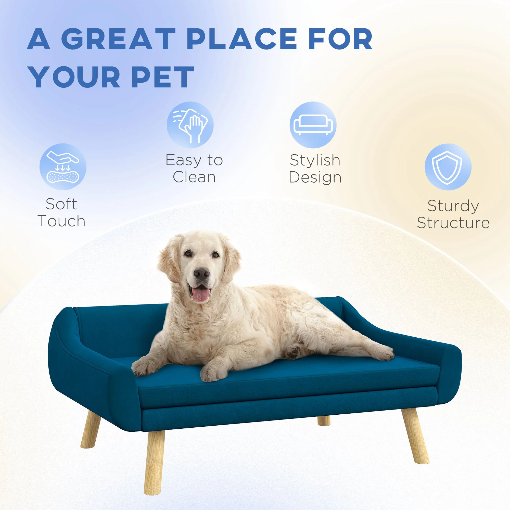 PawHut Dog Sofa Bed Raised Couch with Wooden Frame and Soft Cushion, Blue - Image 4