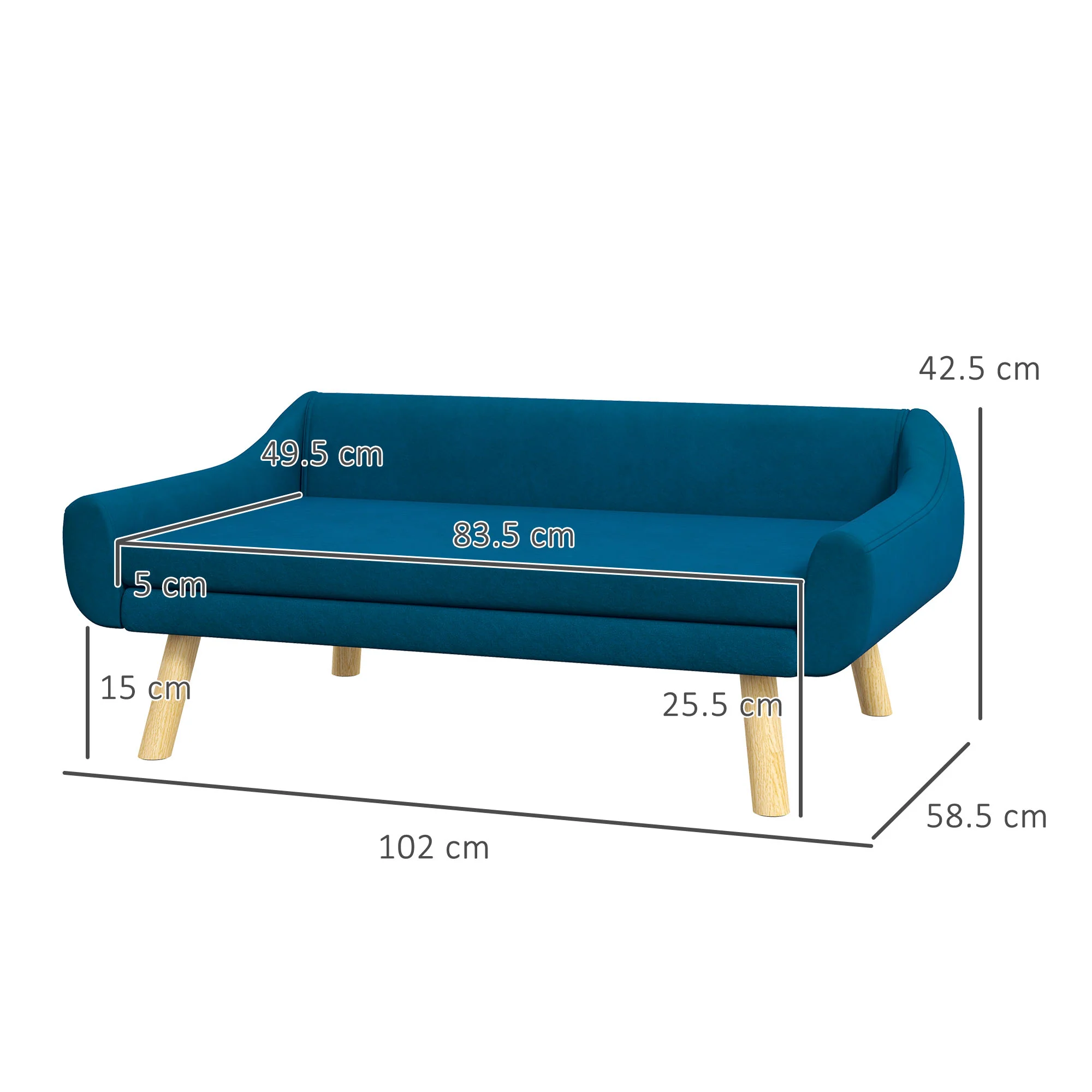 PawHut Dog Sofa Bed Raised Couch with Wooden Frame and Soft Cushion, Blue - Image 5