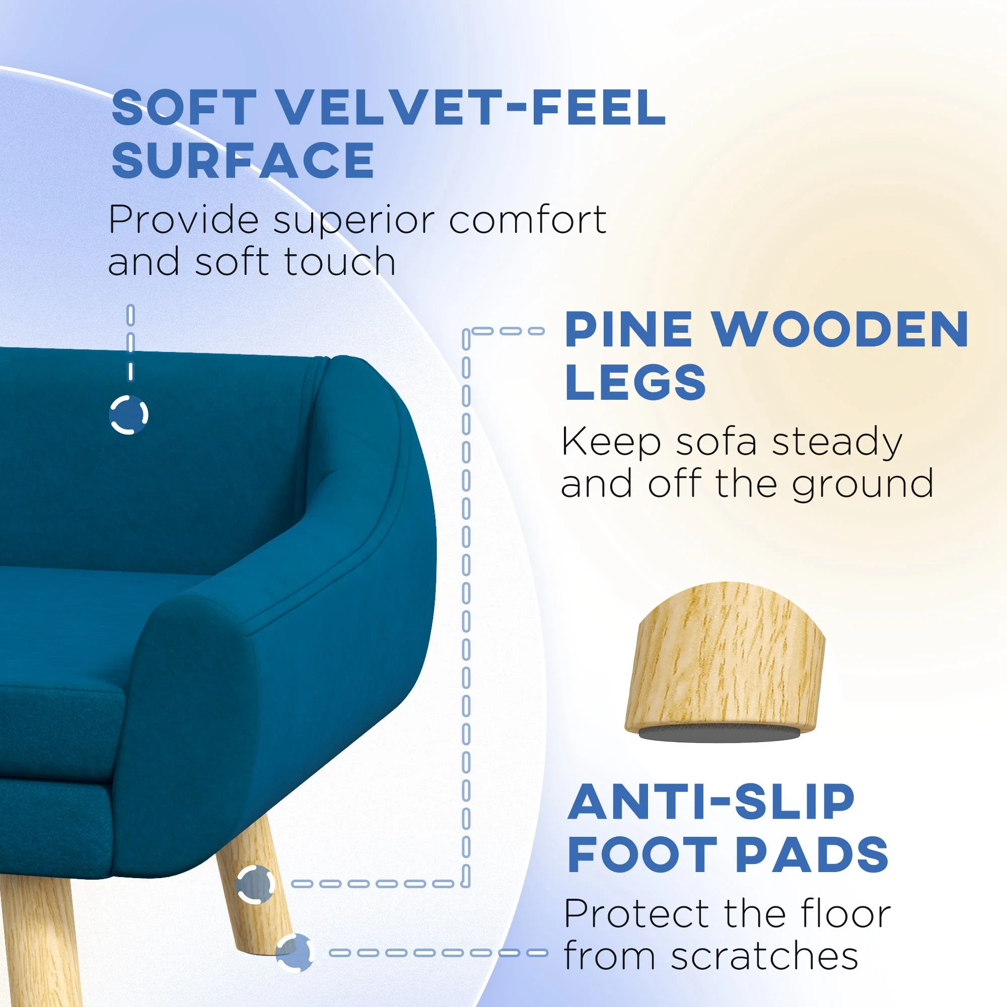 PawHut Dog Sofa Bed Raised Couch with Wooden Frame and Soft Cushion, Blue - Image 6