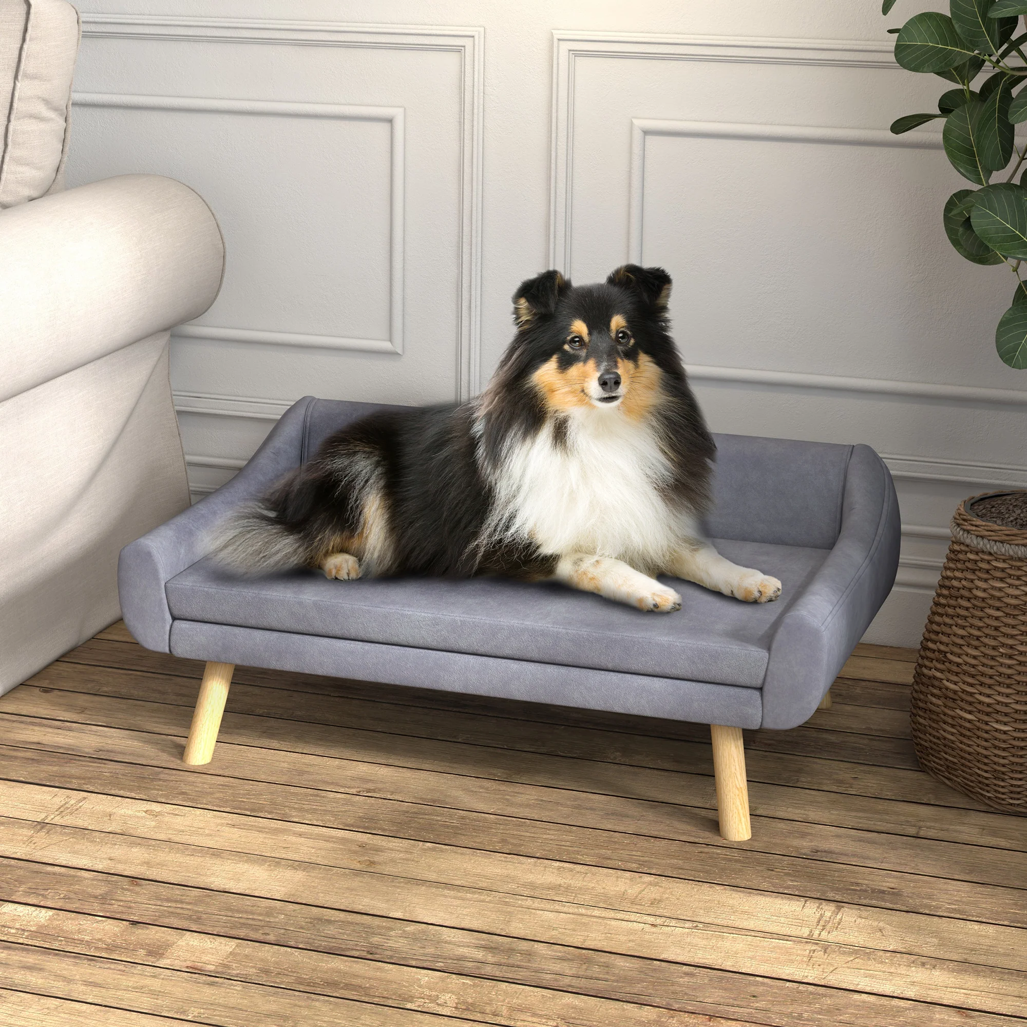 PawHut Dog Sofa Bed Raised Couch with Wooden Frame and Soft Cushion, Grey - Image 2