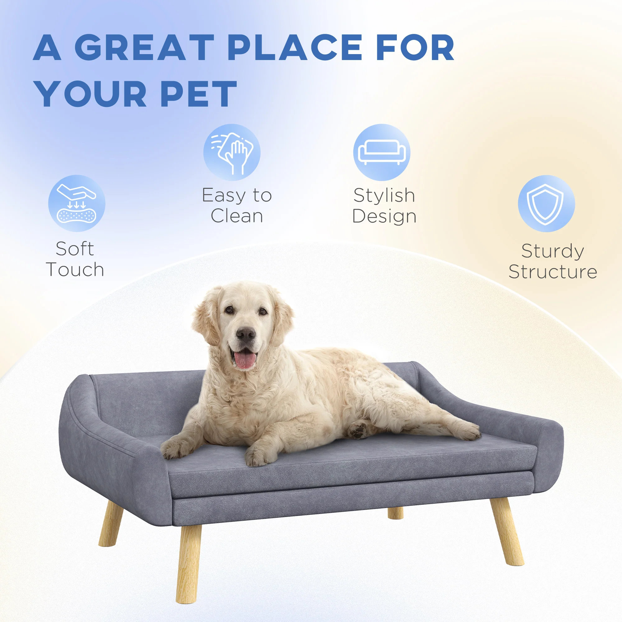 PawHut Dog Sofa Bed Raised Couch with Wooden Frame and Soft Cushion, Grey - Image 4