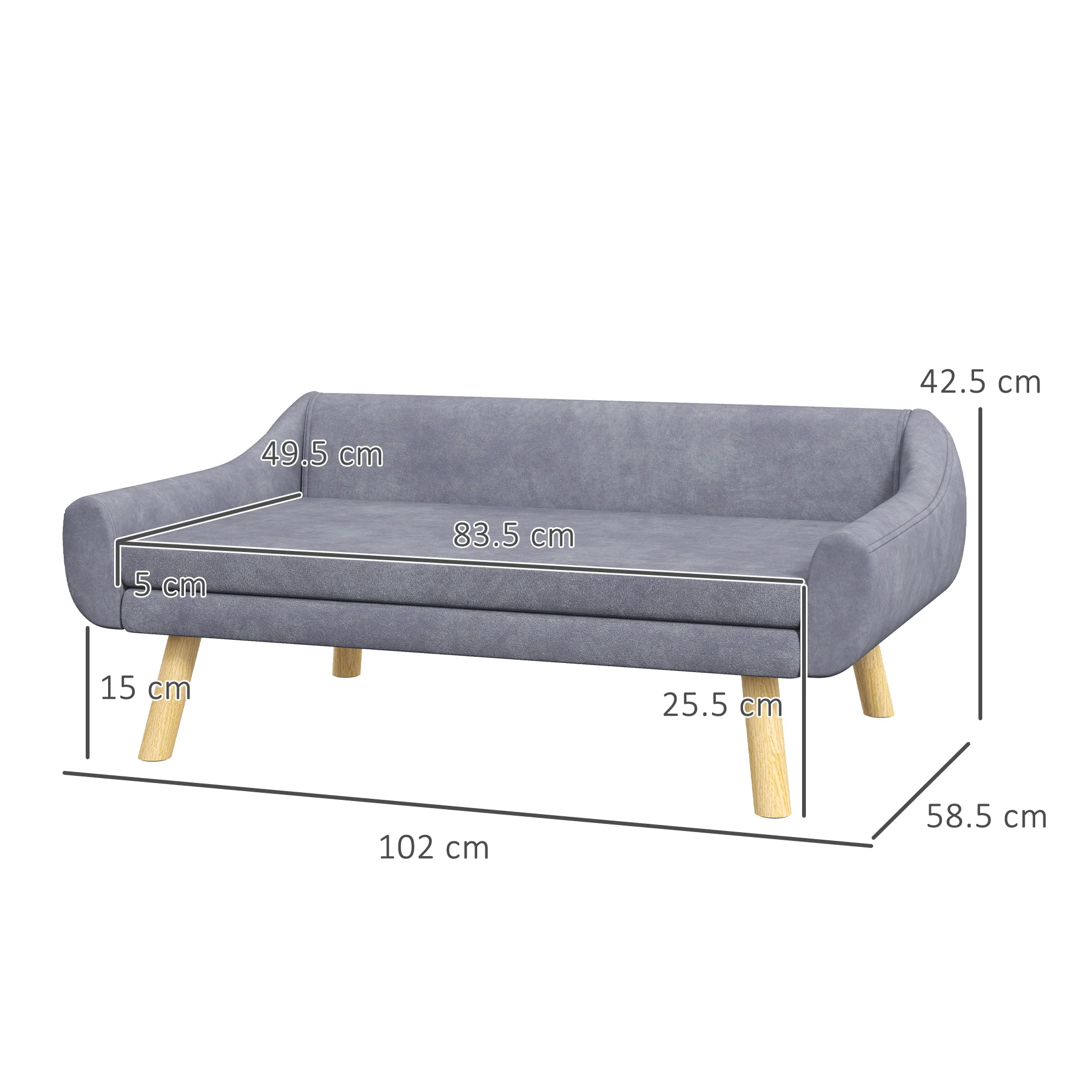 PawHut Dog Sofa Bed Raised Couch with Wooden Frame and Soft Cushion, Grey - Image 5