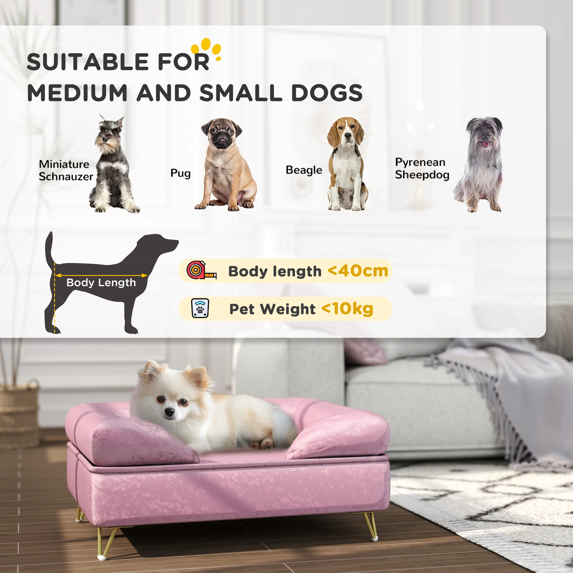PawHut Dog Sofa Pet Couch W/ Removable Backrest Cushion Washable Cover - Pink - Image 3