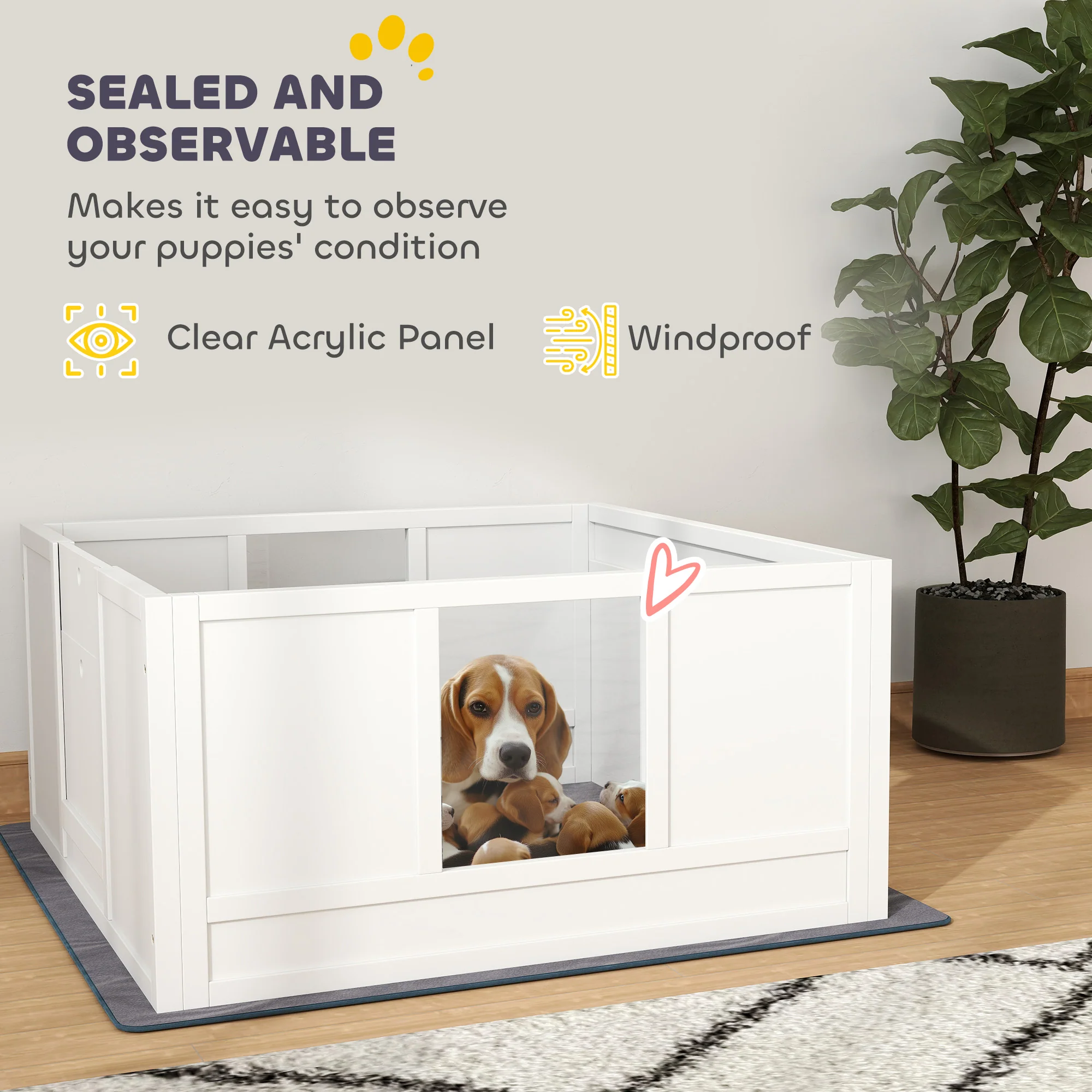 PawHut Dog Whelping Box with Whelping Pad, Adjustable Entrance - White - Image 6