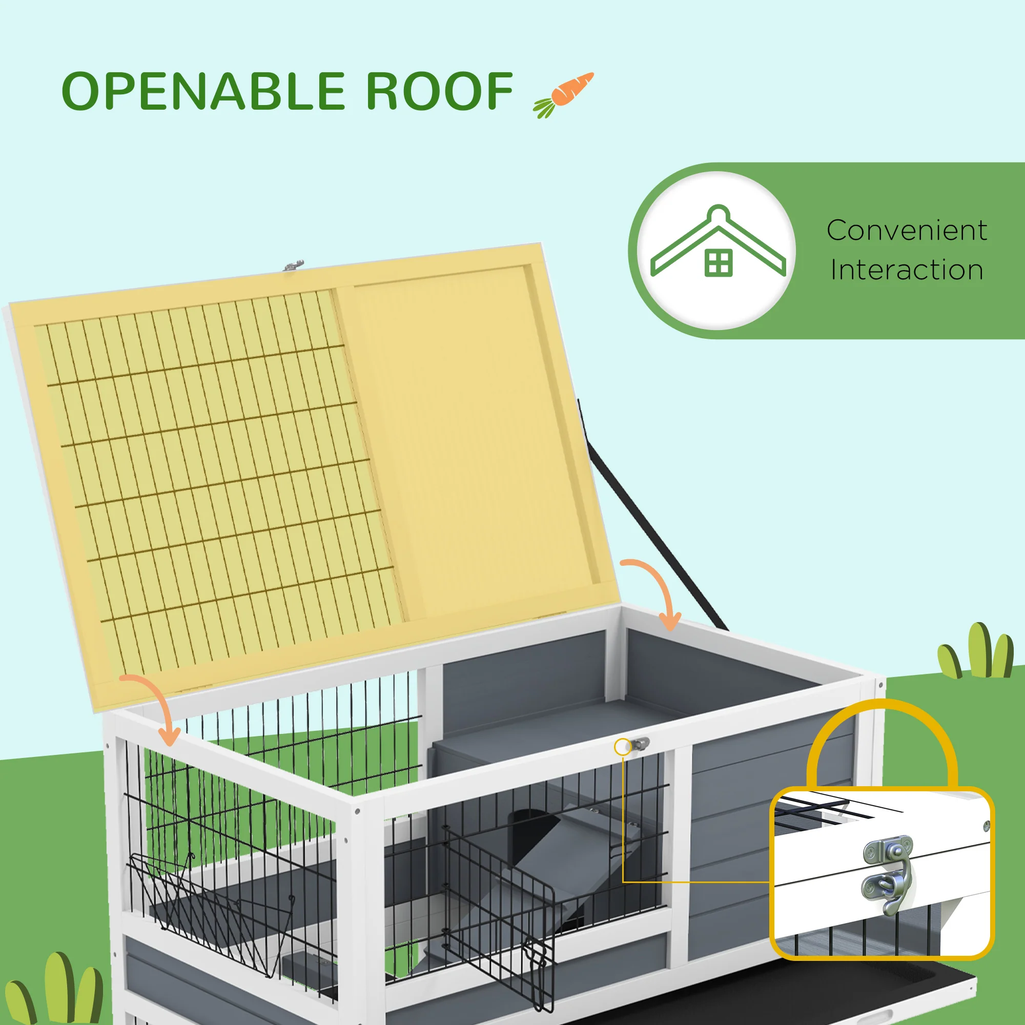 PawHut Double Deckers Indoor Rabbit Hutch W/ Feeding Trough, Slide-Out Trays - Image 4