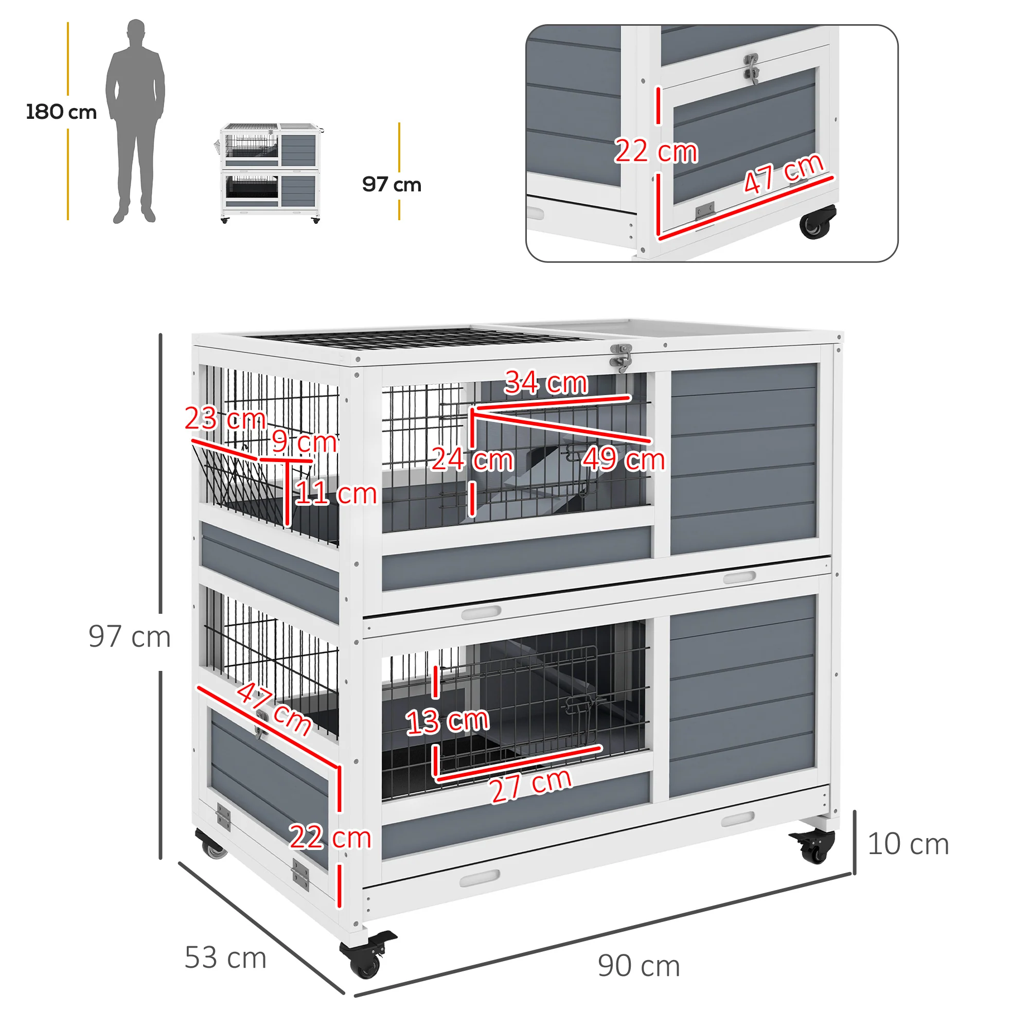 PawHut Double Deckers Indoor Rabbit Hutch W/ Feeding Trough, Slide-Out Trays - Image 5