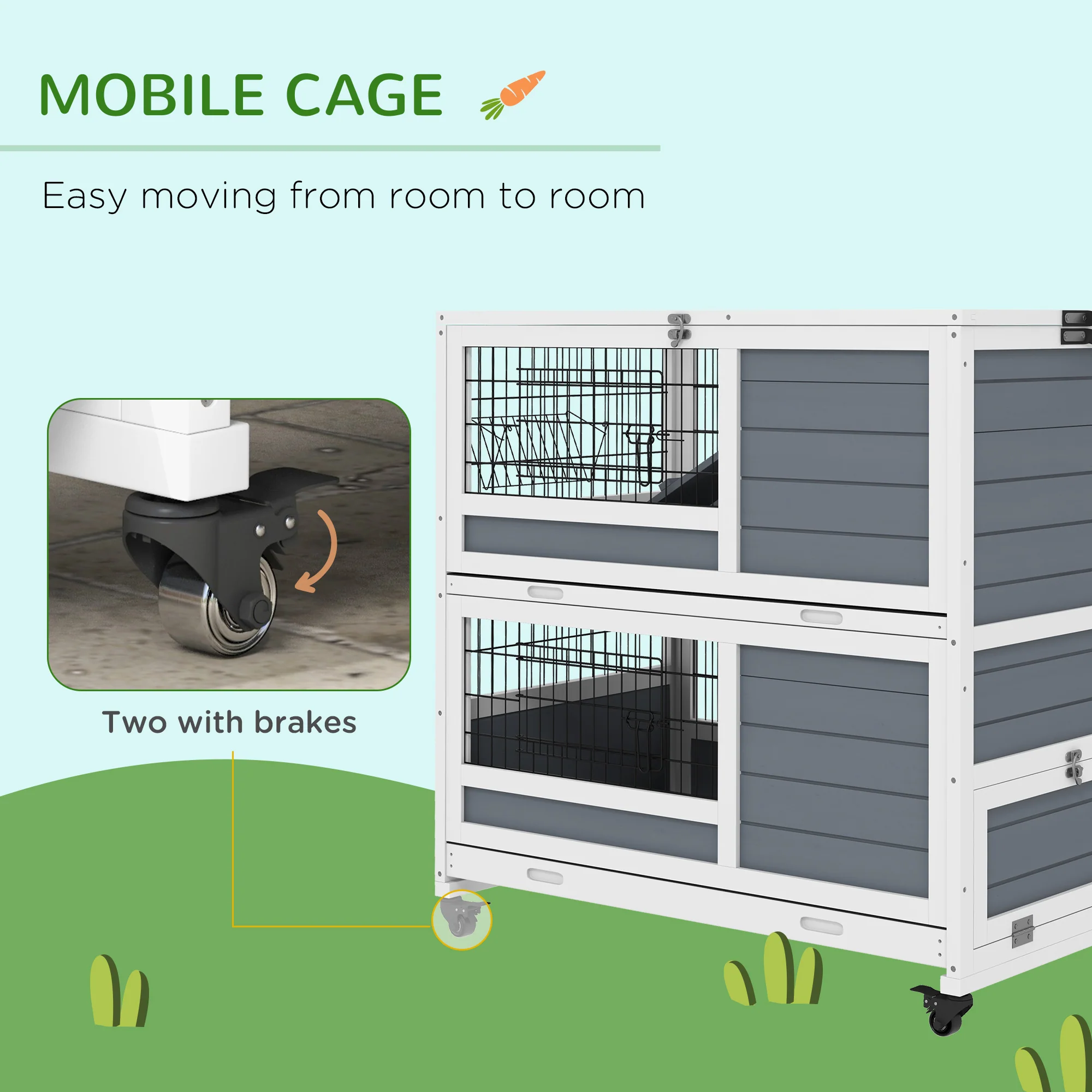 PawHut Double Deckers Indoor Rabbit Hutch W/ Feeding Trough, Slide-Out Trays - Image 7